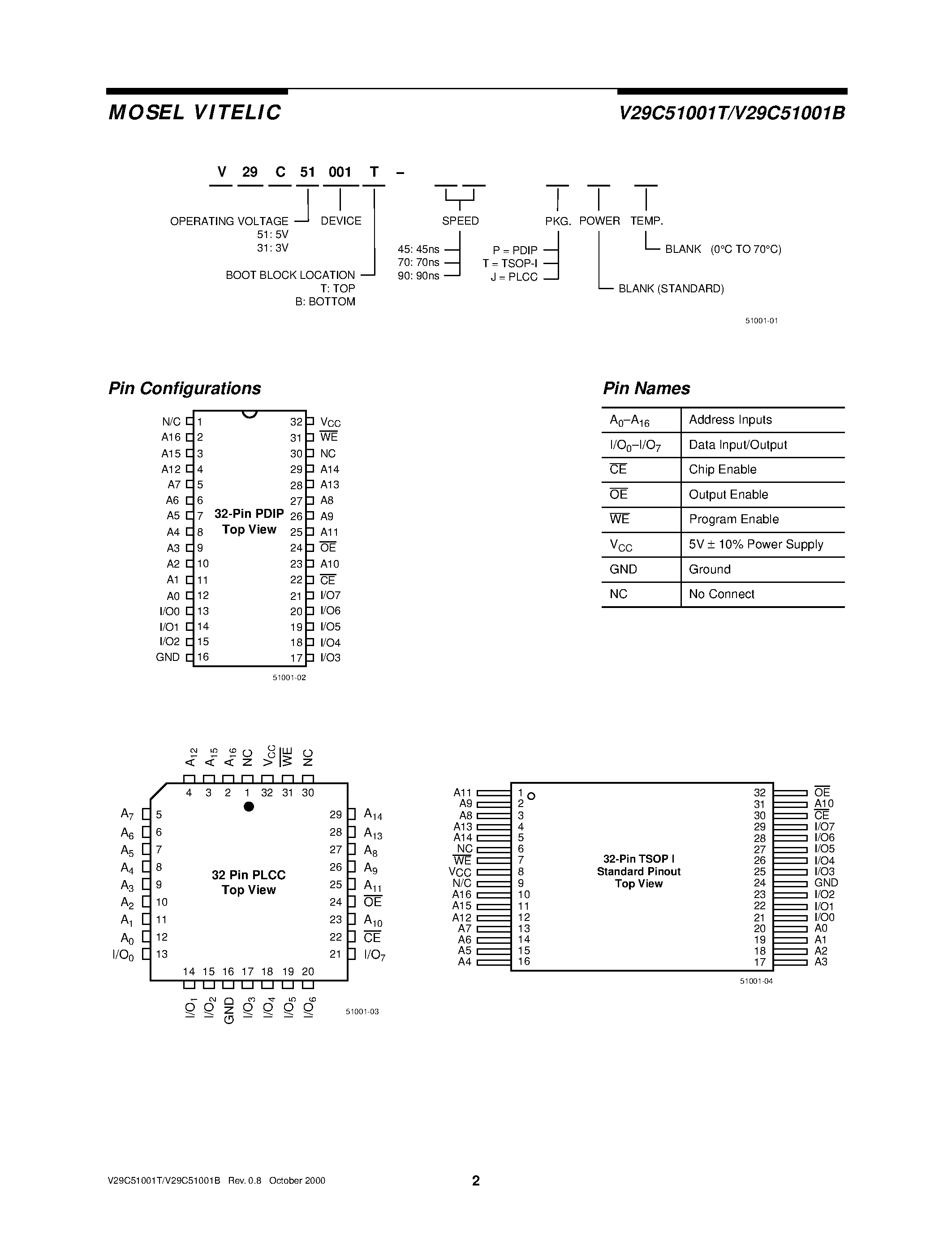 Даташит V29C51001T - 1 MEGABIT 131/072 x 8 BIT 5 VOLT CMOS FLASH MEMORY страница 2