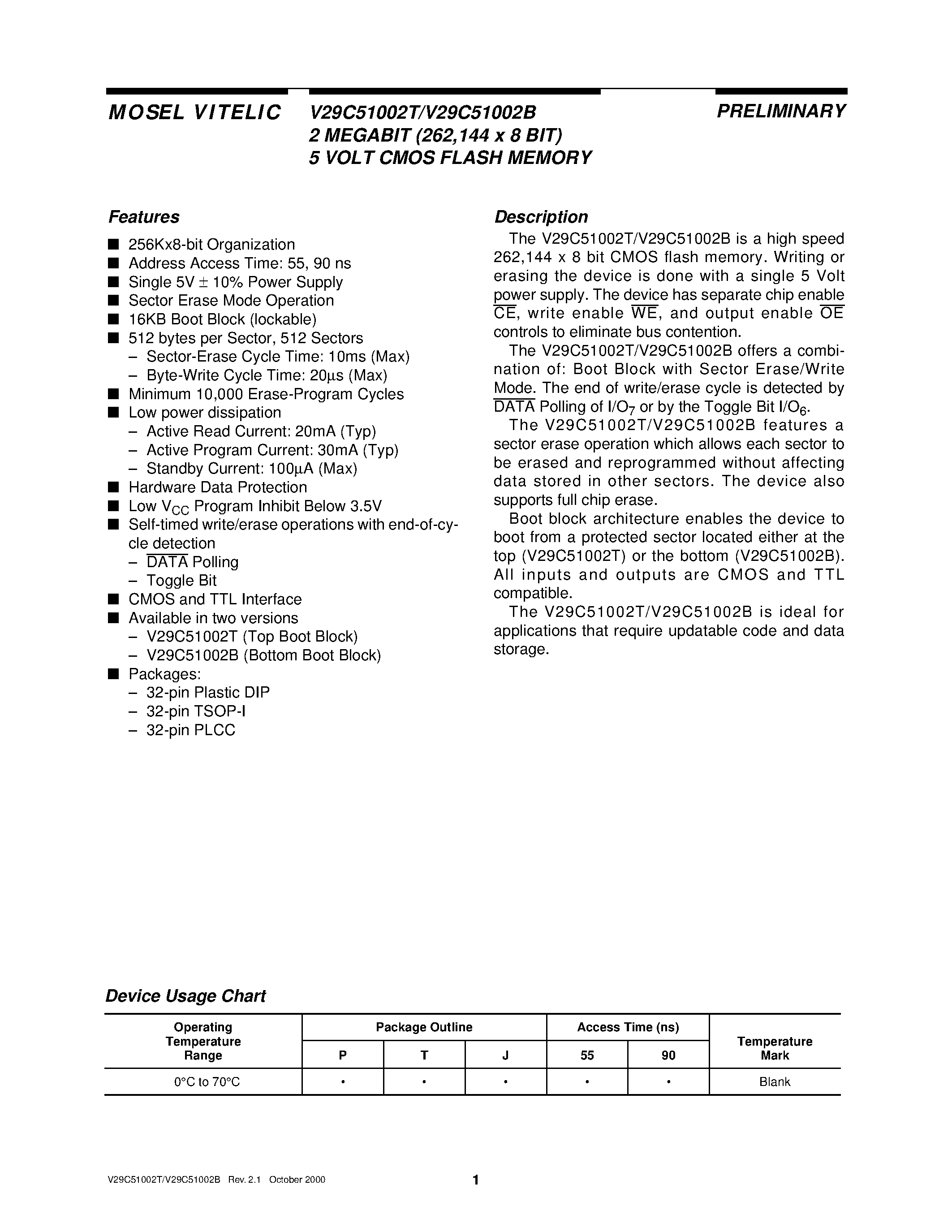 Даташит V29C51002T - 2 MEGABIT 262/144 x 8 BIT 5 VOLT CMOS FLASH MEMORY страница 1