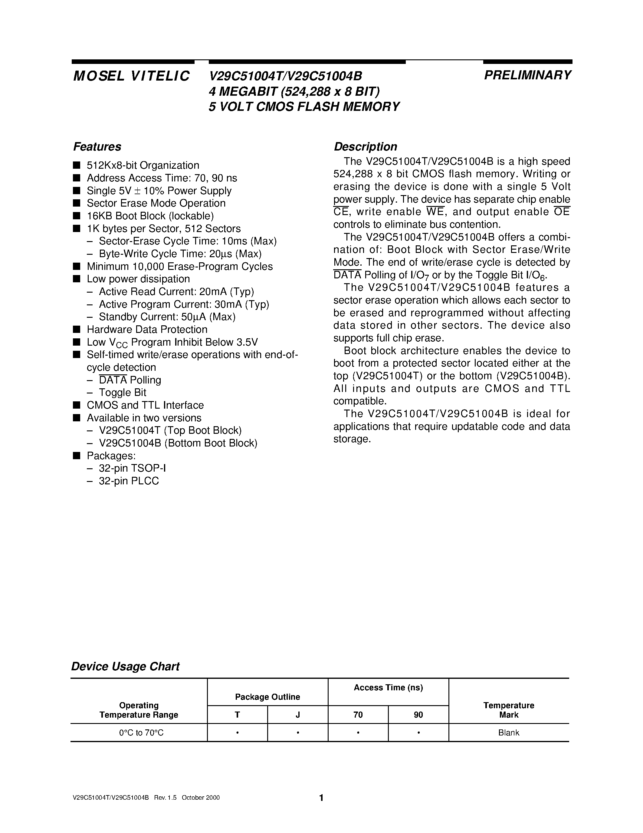 Datasheet V29C51004B - 4 MEGABIT 524/288 x 8 BIT 5 VOLT CMOS FLASH MEMORY page 1