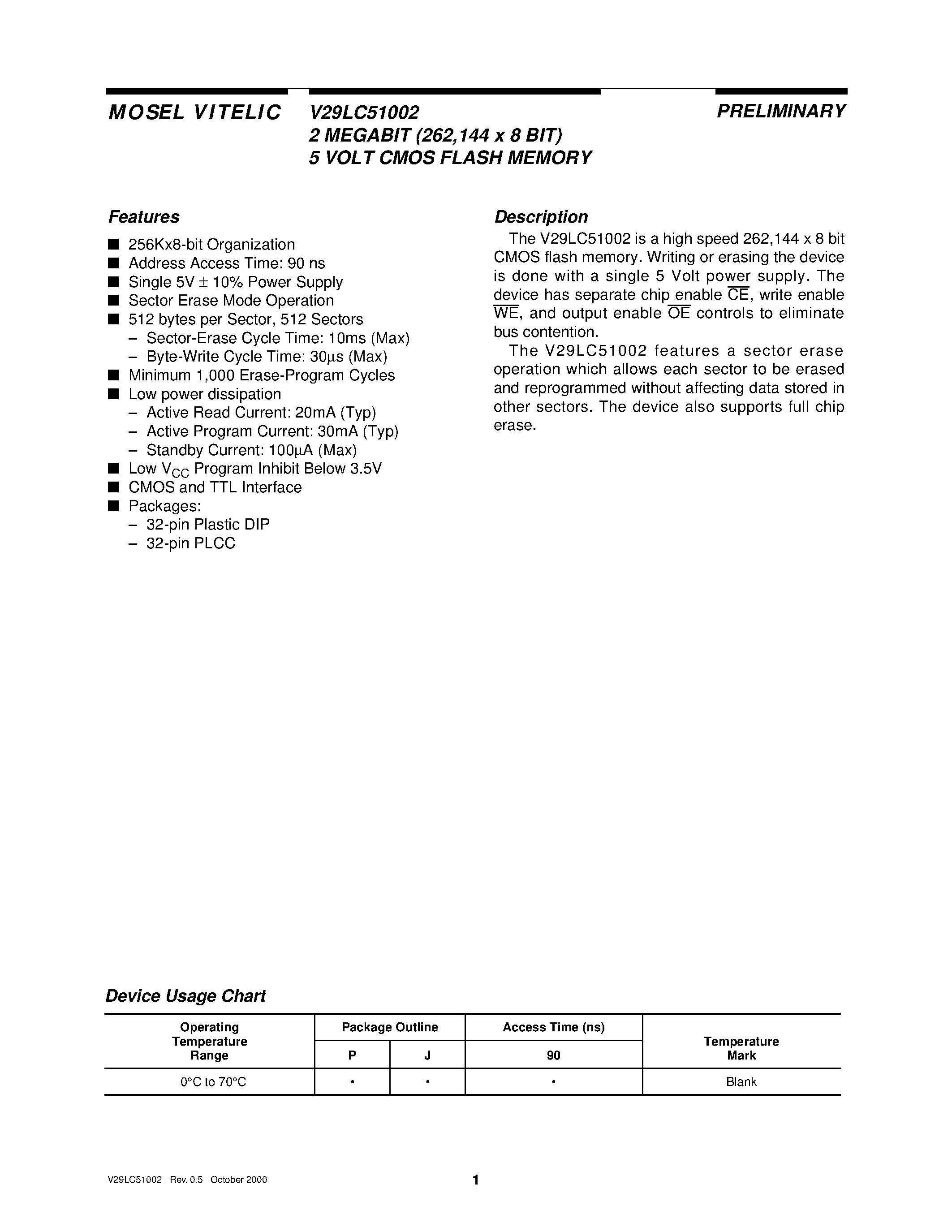 Даташит V29LC51002 - 2 MEGABIT 262/144 x 8 BIT 5 VOLT CMOS FLASH MEMORY страница 1