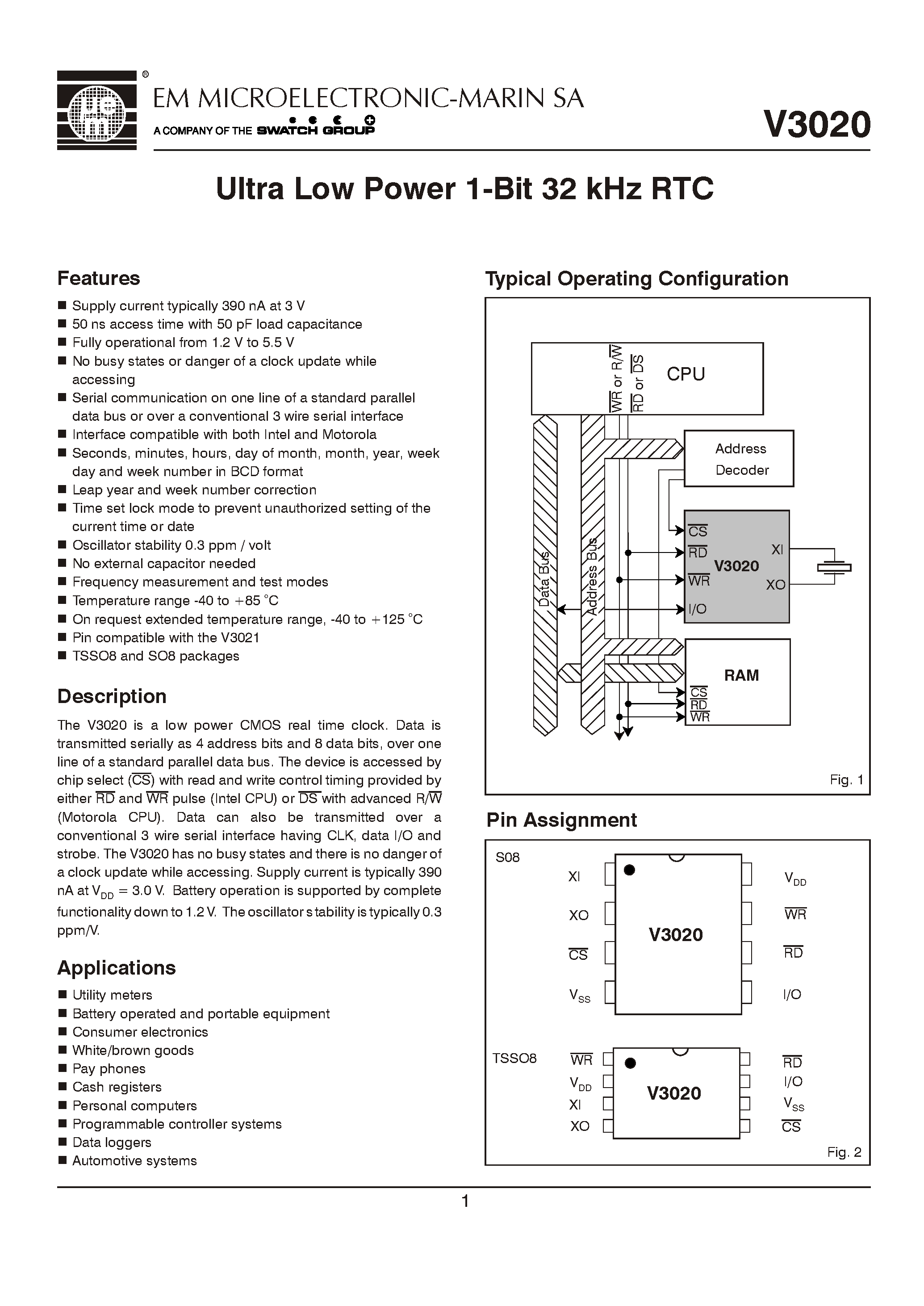 Даташит V3020 - Ultra Low Power 1-Bit 32 kHz RTC страница 1