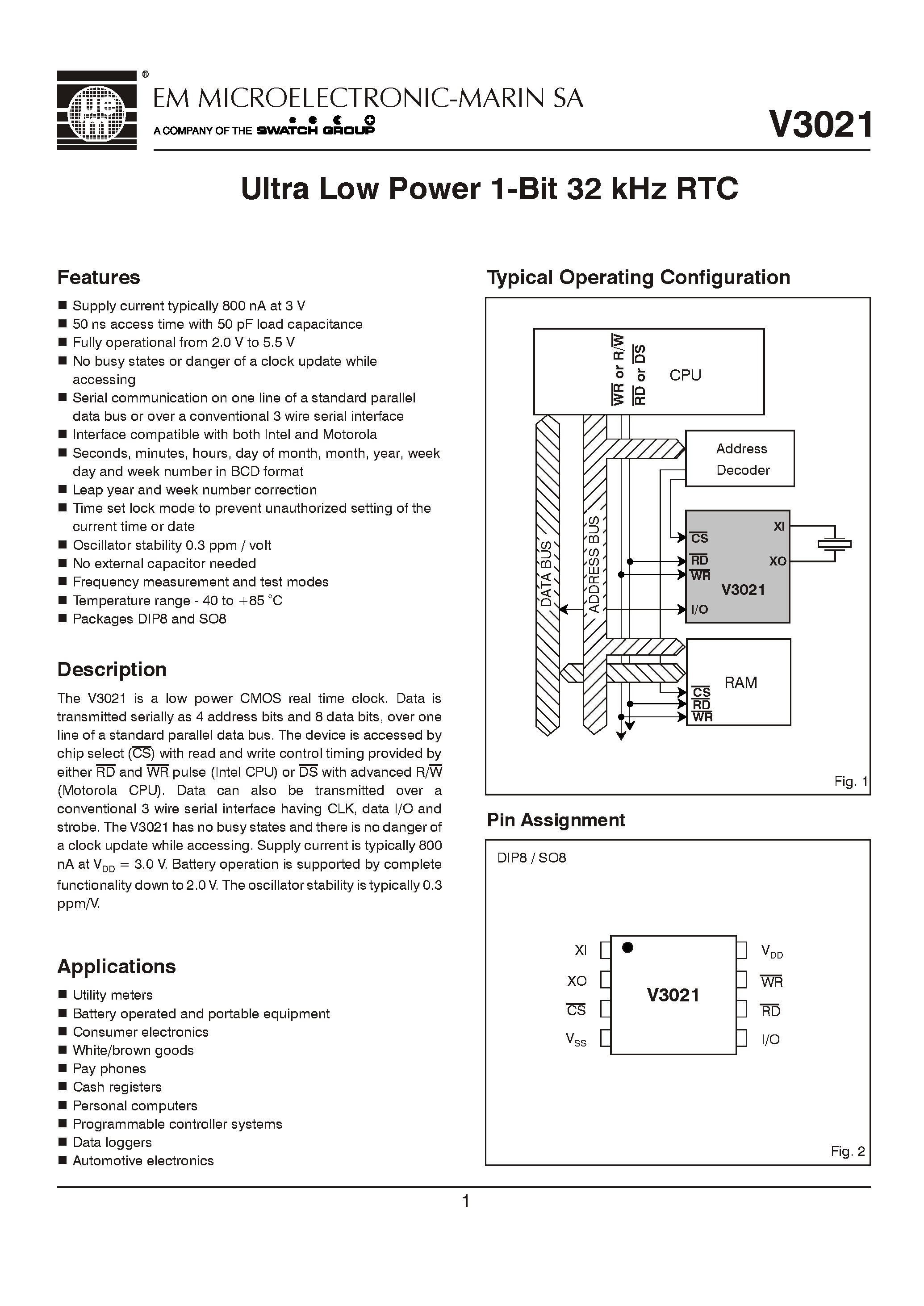 Даташит V3021 - Ultra Low Power 1-Bit 32 kHz RTC страница 1