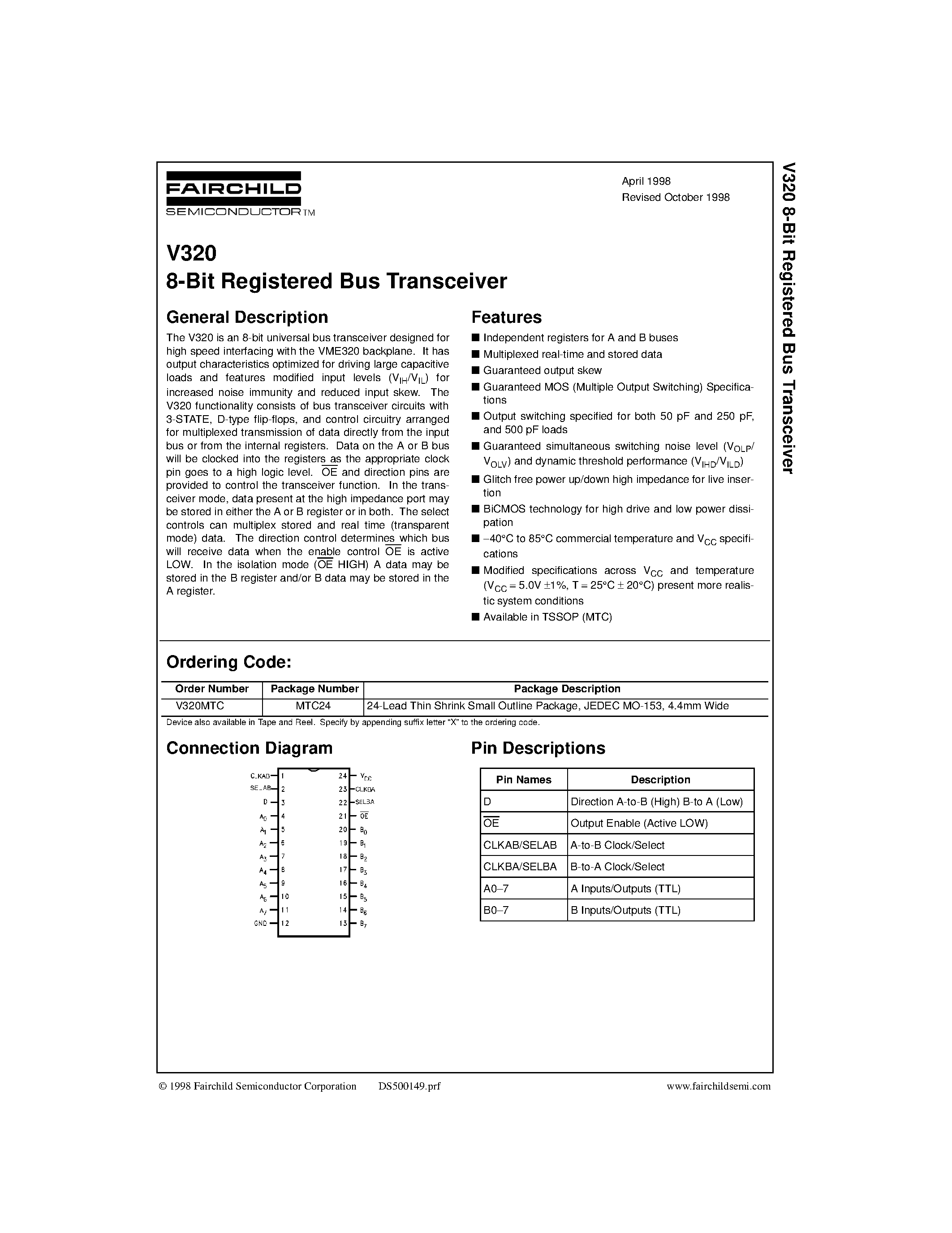 Даташит V320 - V320 8-Bit Registered Bus Transceiver страница 1