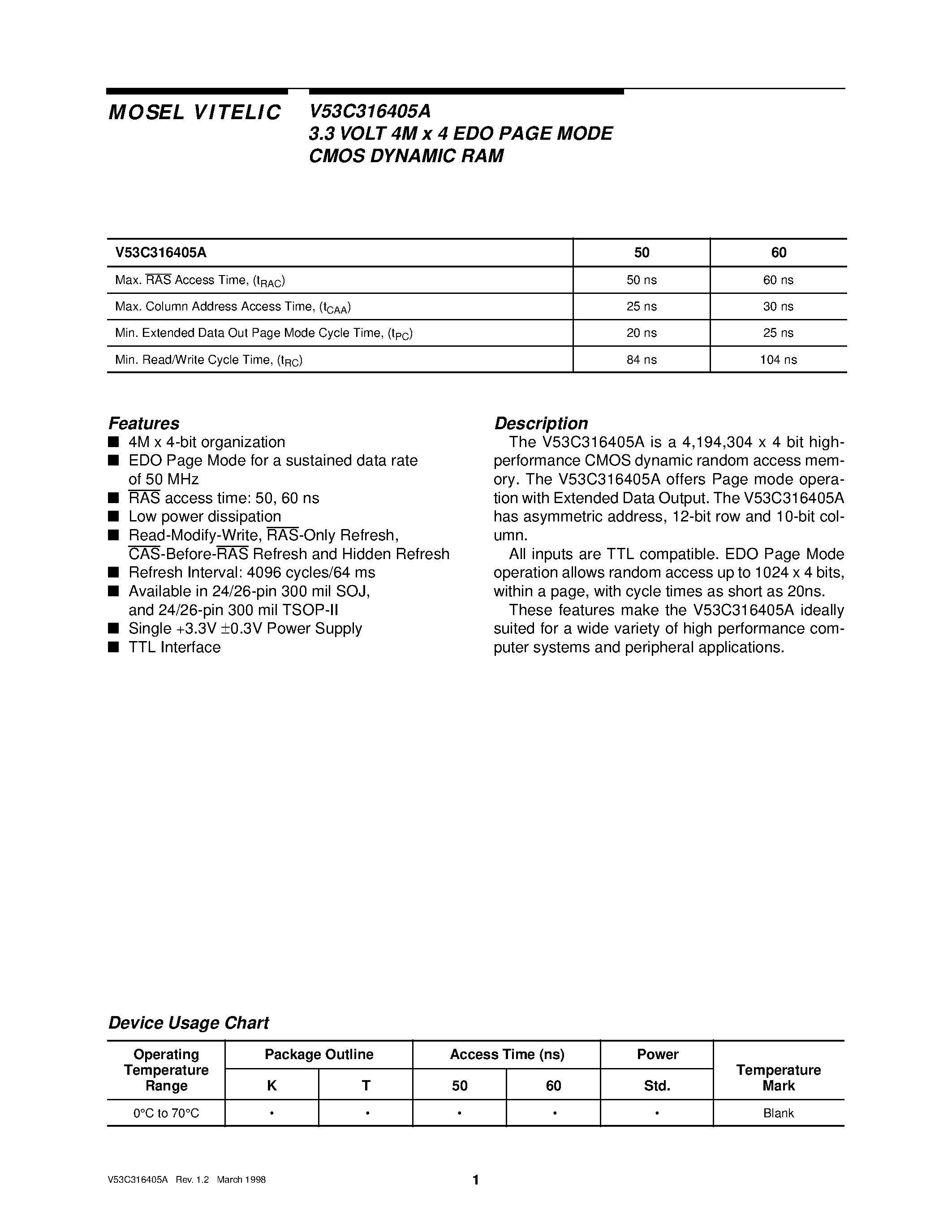 Datasheet V53C316405A - 3.3 VOLT 4M x 4 EDO PAGE MODE CMOS DYNAMIC RAM page 1