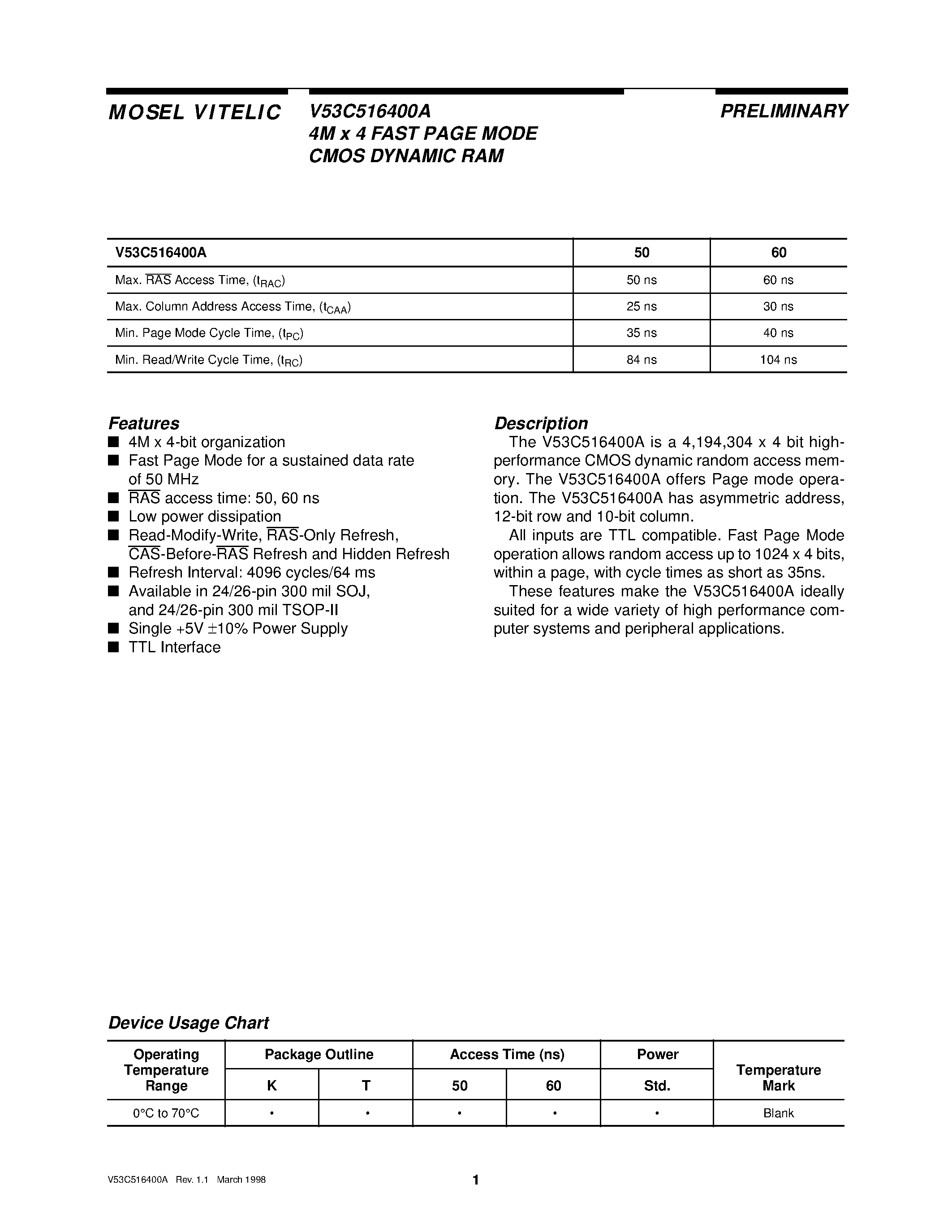 Datasheet V53C516400A - 4M x 4 FAST PAGE MODE CMOS DYNAMIC RAM page 1