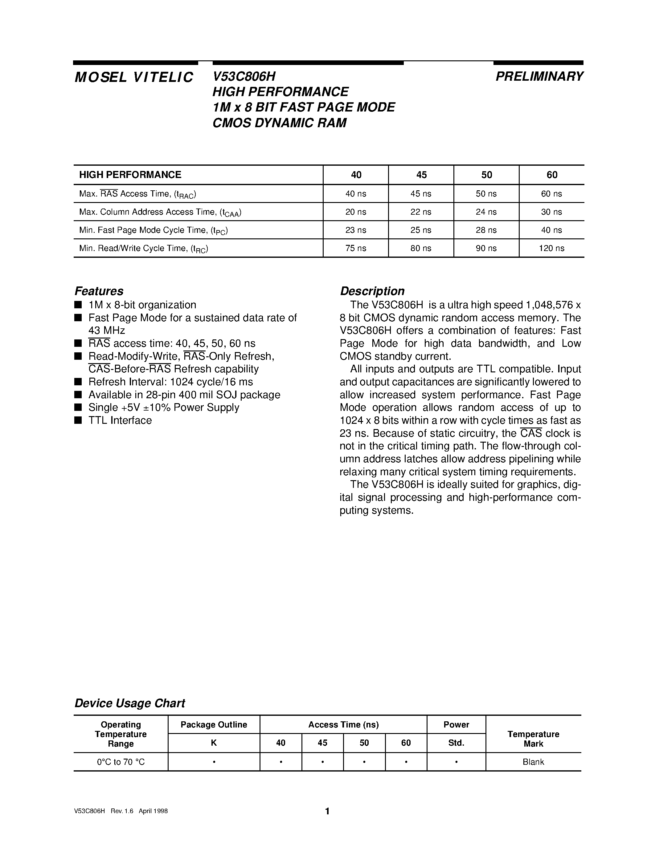 Даташит V53C806H - HIGH PERFORMANCE 1M x 8 BIT FAST PAGE MODE CMOS DYNAMIC RAM страница 1