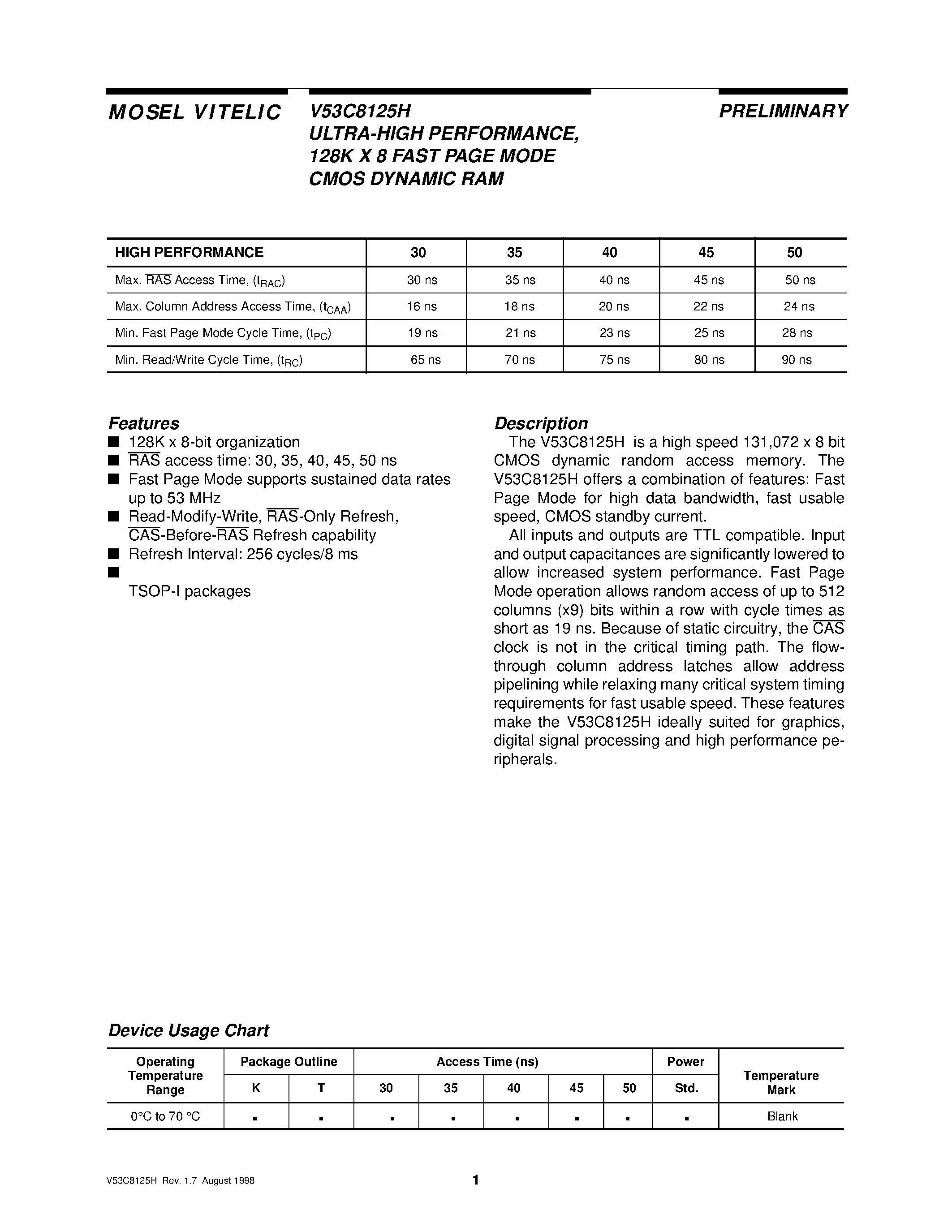 Даташит V53C8125H - ULTRA-HIGH PERFORMANCE/ 128K X 8 FAST PAGE MODE CMOS DYNAMIC RAM страница 1