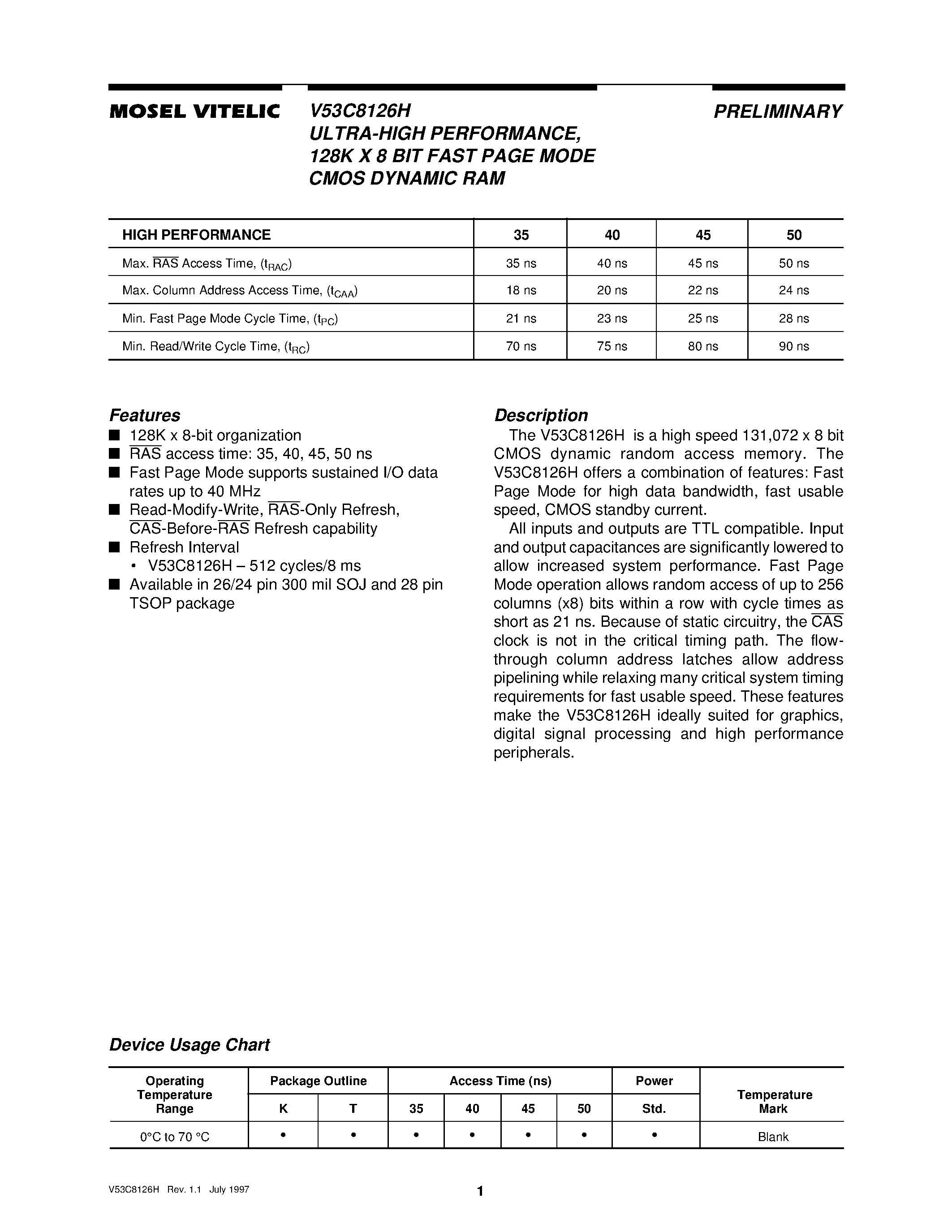 Даташит V53C8126 - ULTRA-HIGH PERFORMANCE/ 128K X 8 BIT FAST PAGE MODE CMOS DYNAMIC RAM страница 1