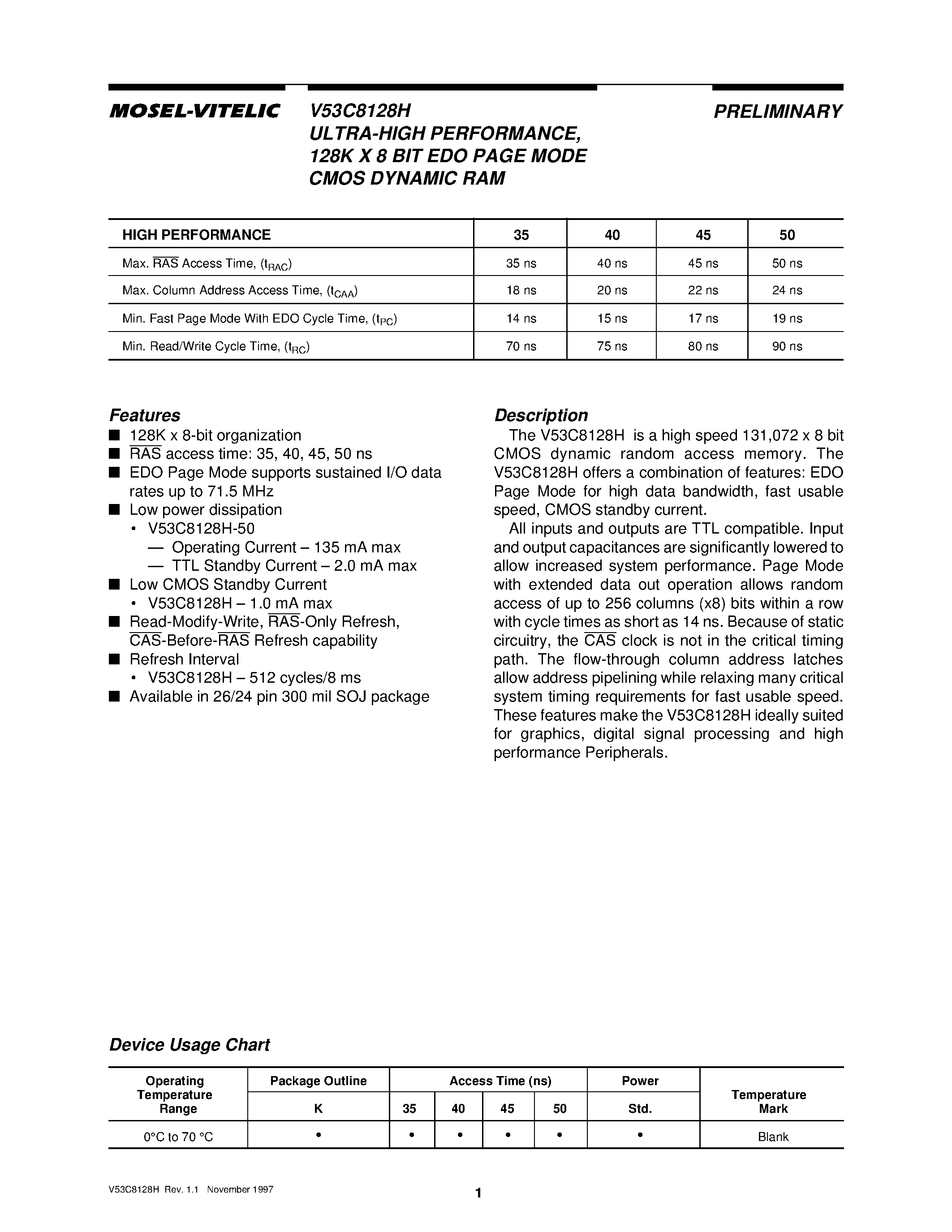 Даташит V53C8128H - ULTRA-HIGH PERFORMANCE/ 128K X 8 BIT EDO PAGE MODE CMOS DYNAMIC RAM страница 1