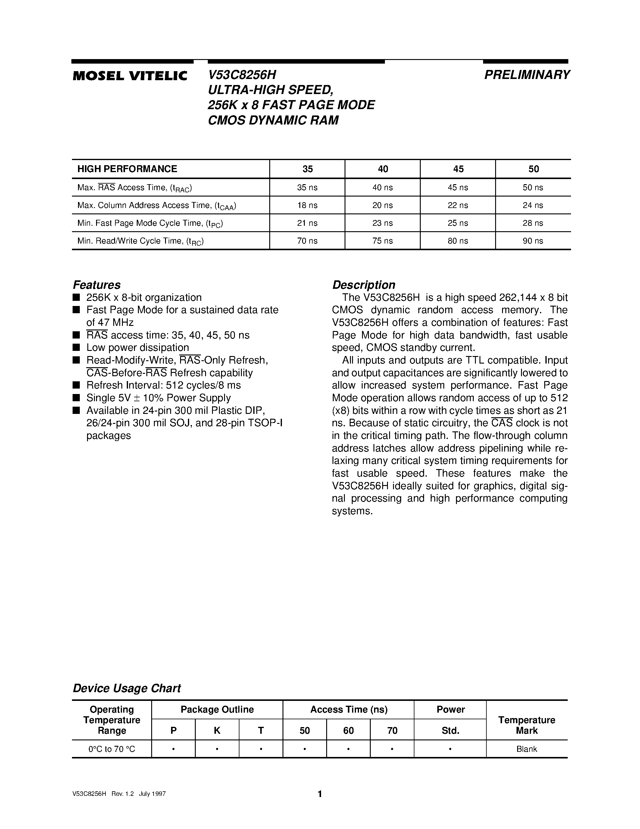 Даташит V53C8256H - ULTRA-HIGH SPEED/ 256K X 8 FAST PAGE MODE CMOS DYNAMIC RAM страница 1