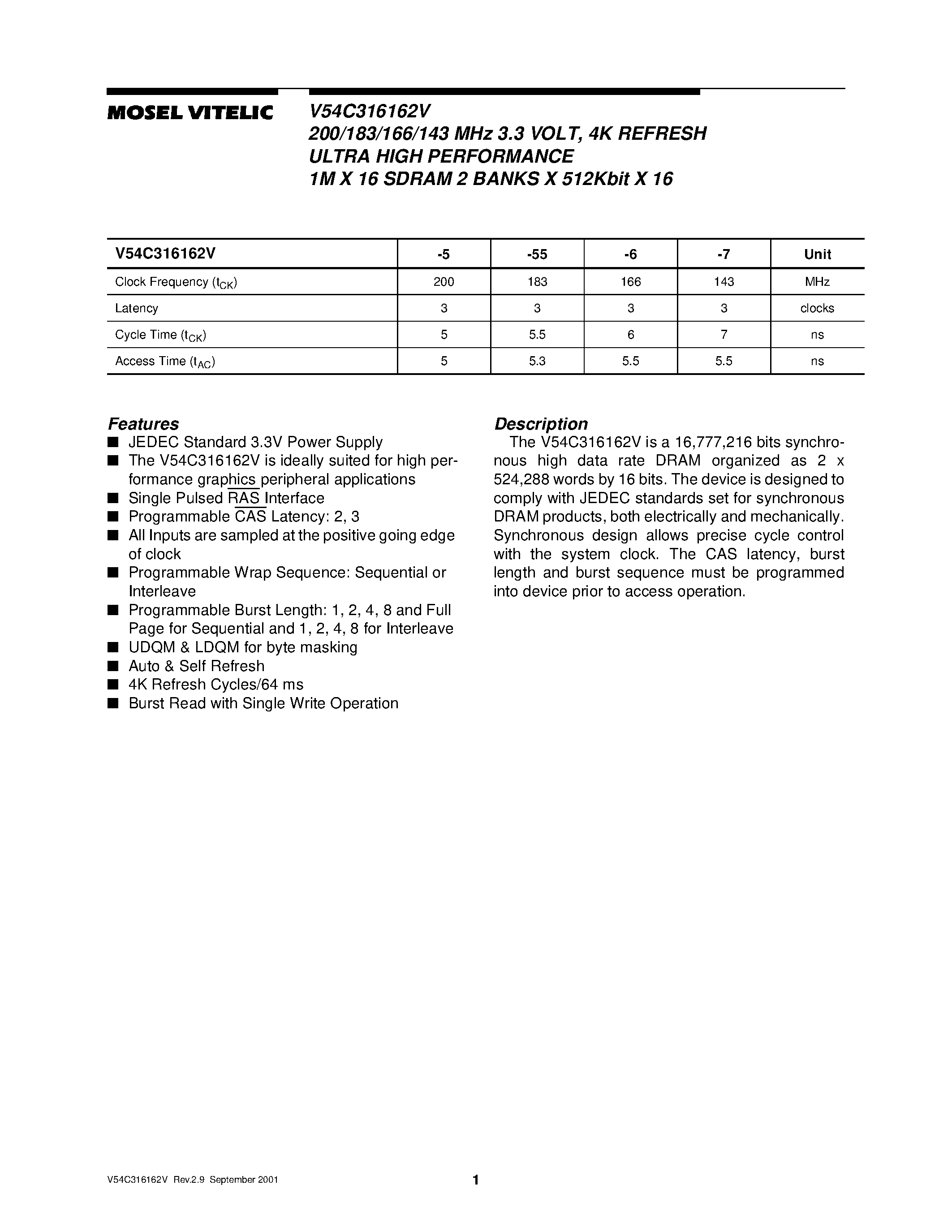 Даташит V54C316162 - 200/183/166/143 MHz 3.3 VOLT/ 4K REFRESH ULTRA HIGH PERFORMANCE 1M X 16 SDRAM 2 BANKS X 512Kbit X 16 страница 1