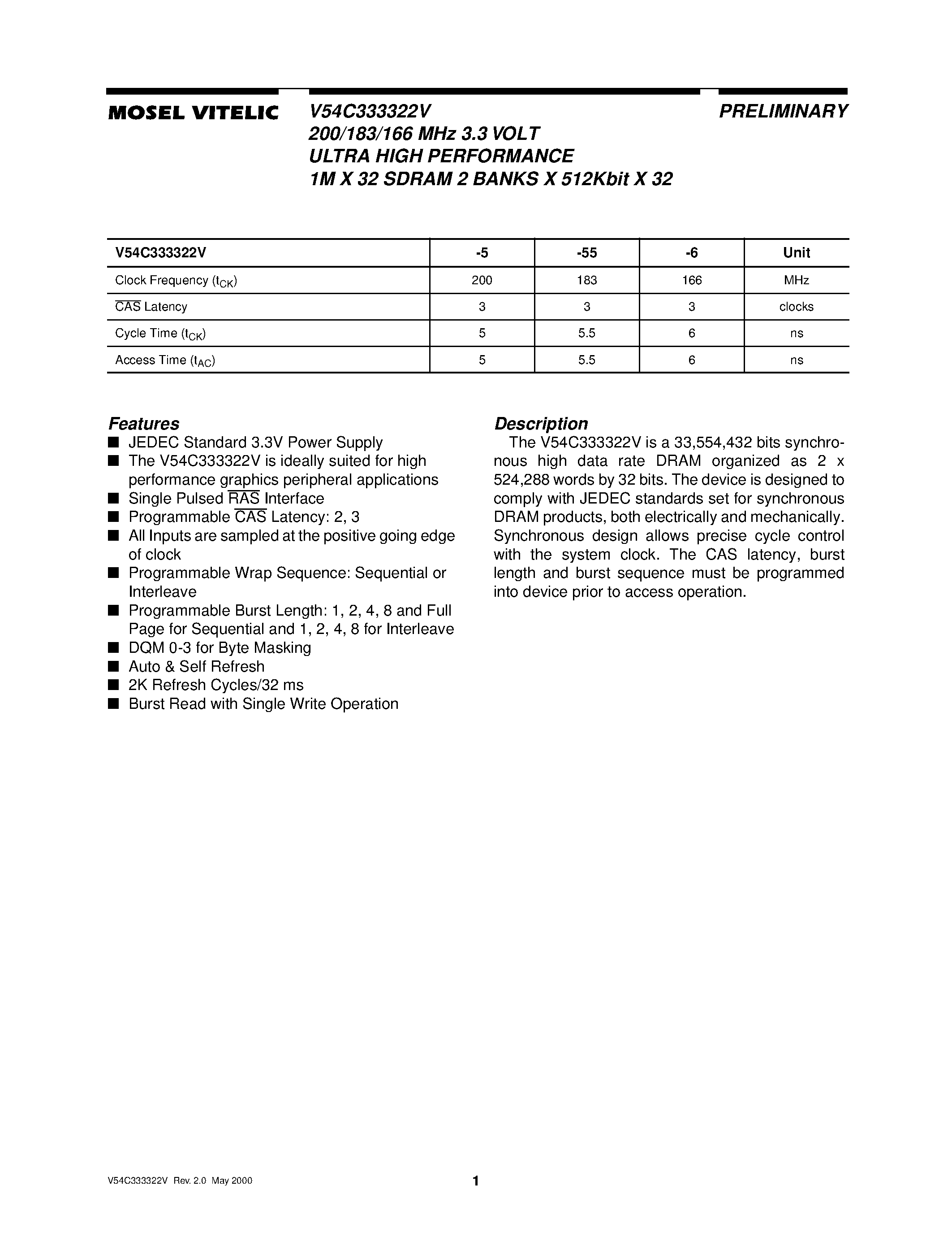 Даташит V54C333322V - 200/183/166 MHz 3.3 VOLT ULTRA HIGH PERFORMANCE 1M X 32 SDRAM 2 BANKS X 512Kbit X 32 страница 1