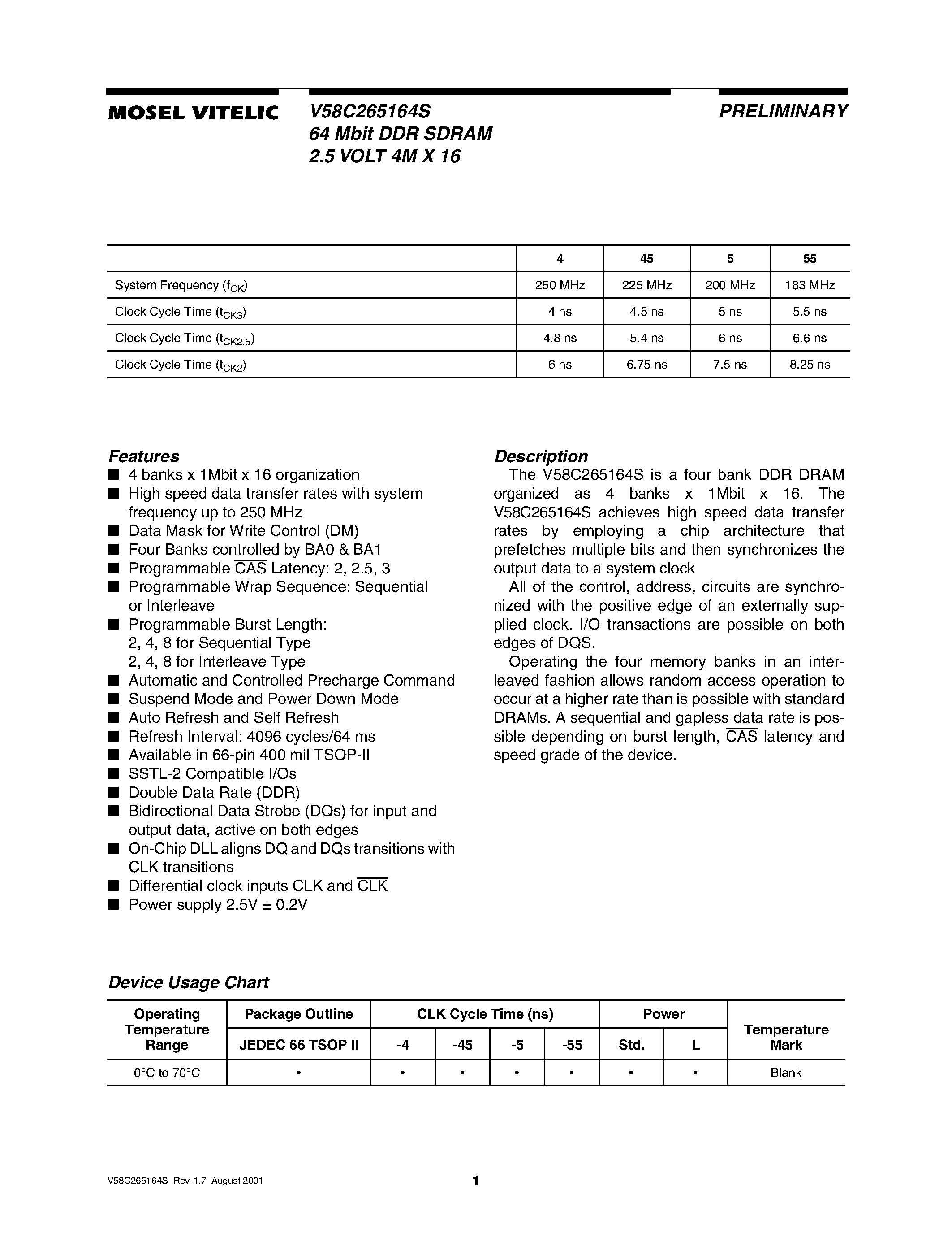 Даташит V58C265164S - 64 Mbit DDR SDRAM 2.5 VOLT 4M X 16 страница 1
