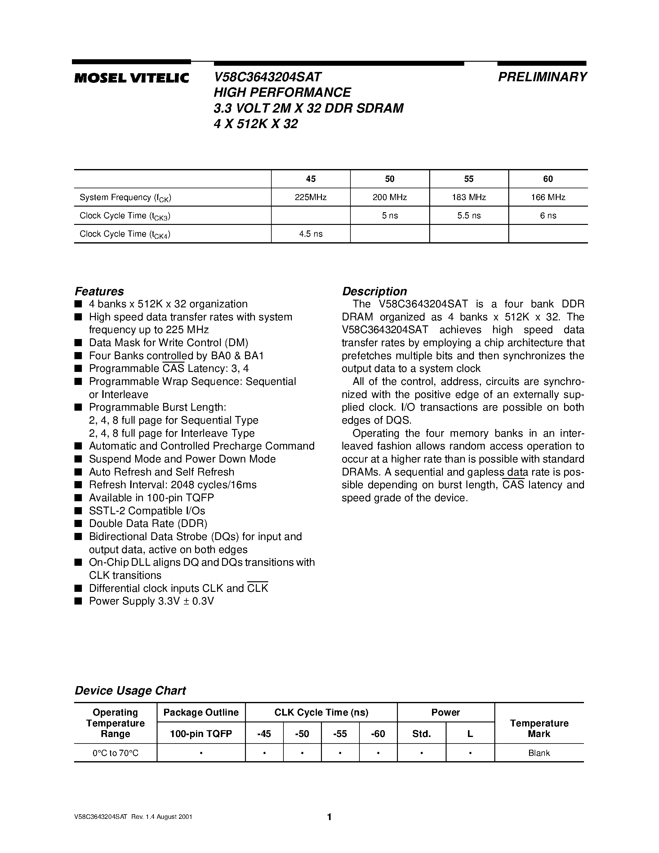 Datasheet V58C3643204SAT - HIGH PERFORMANCE 3.3 VOLT 2M X 32 DDR SDRAM 4 X 512K X 32 page 1