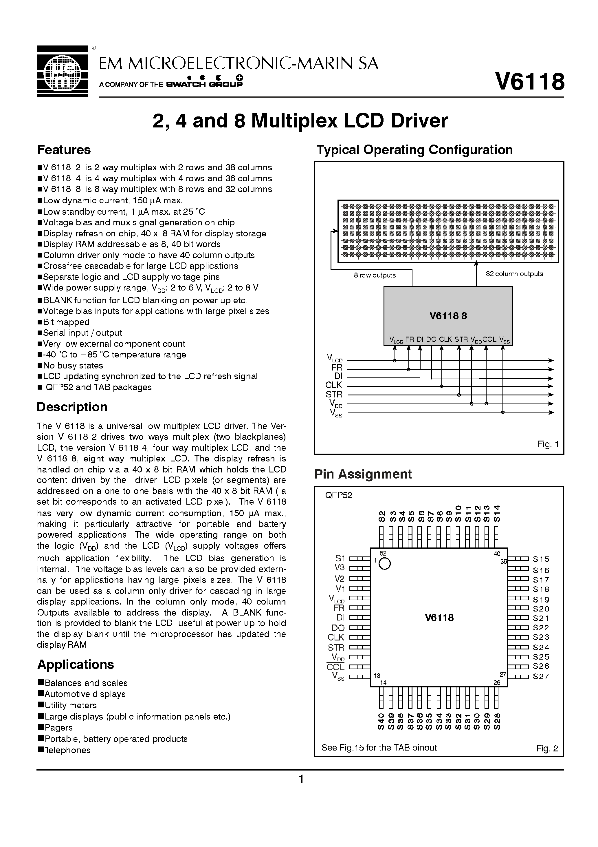 Даташит V6118 - 2/ 4 and 8 Multiplex LCD Driver страница 1