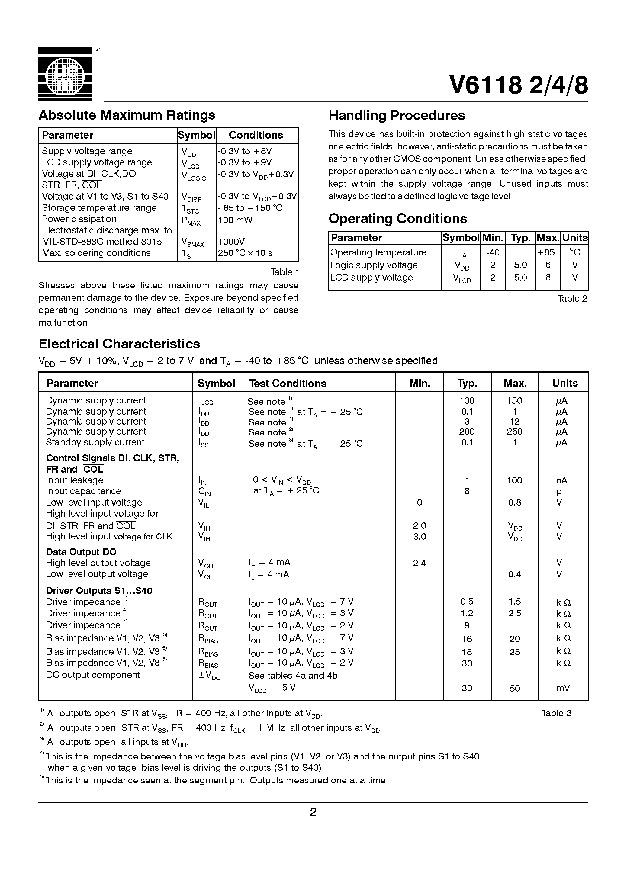 Datasheet V61182TAB - 2/ 4 and 8 Multiplex LCD Driver page 2