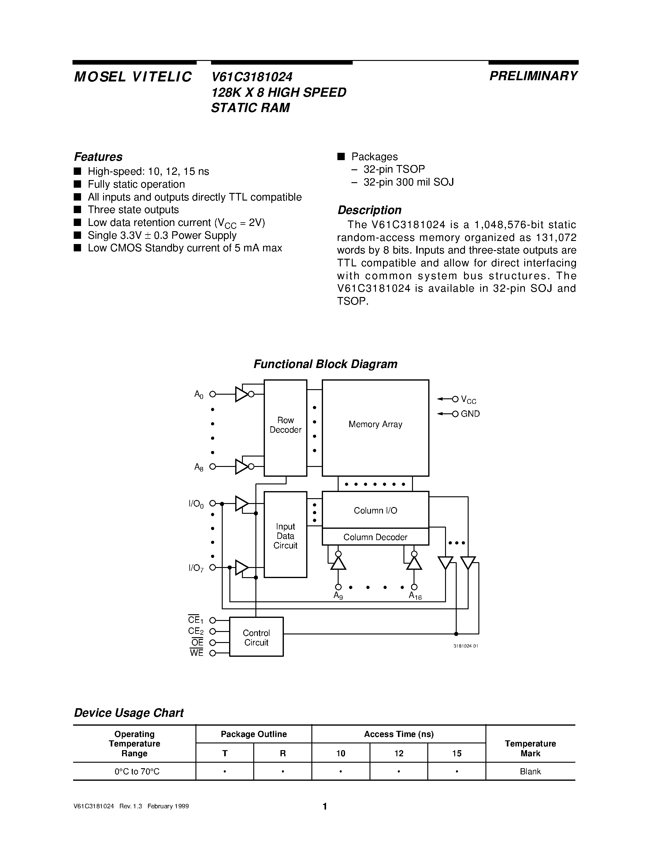 Даташит V61C3181024 - 128K X 8 HIGH SPEED STATIC RAM страница 1