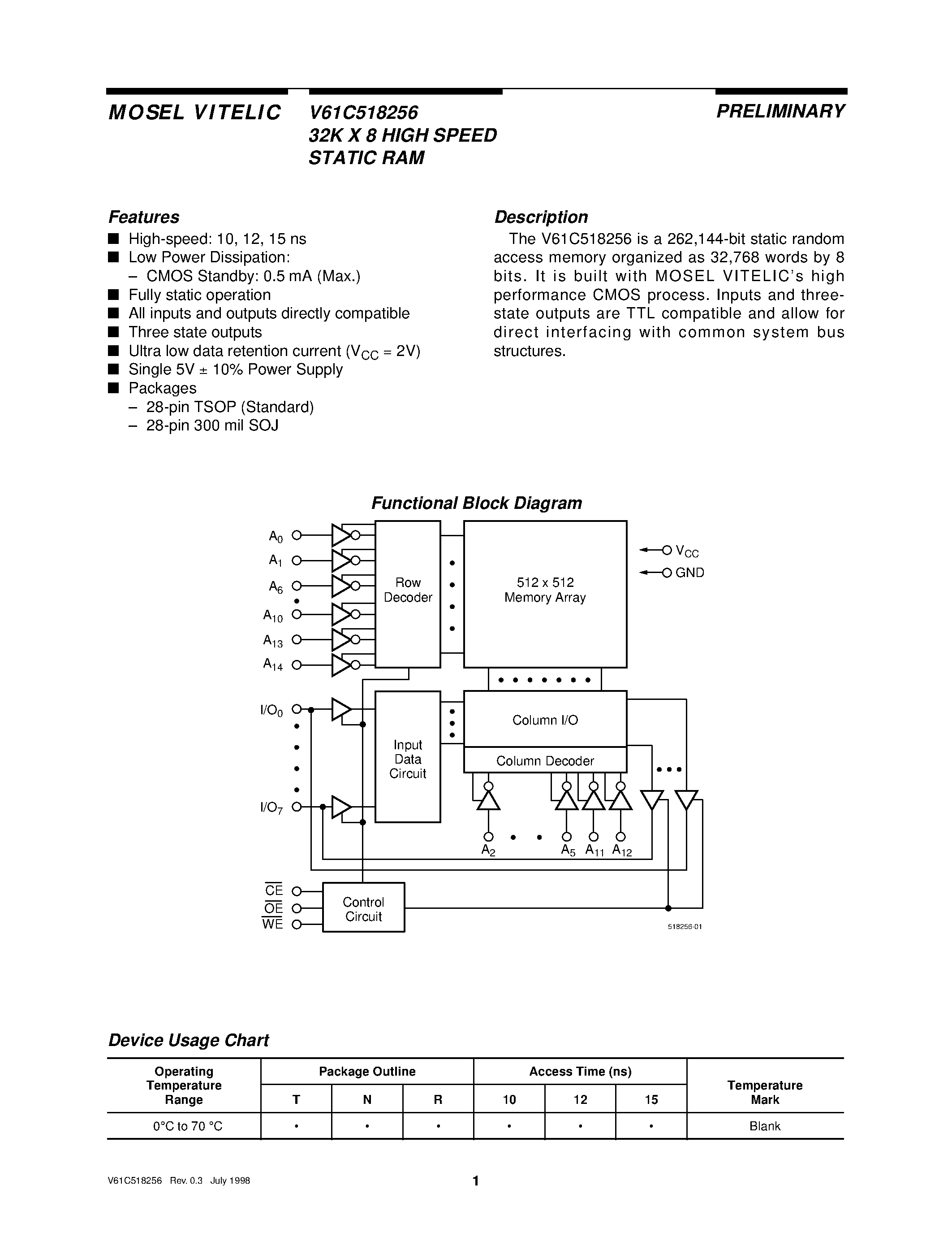 Даташит V61C518256 - 32K X 8 HIGH SPEED STATIC RAM страница 1