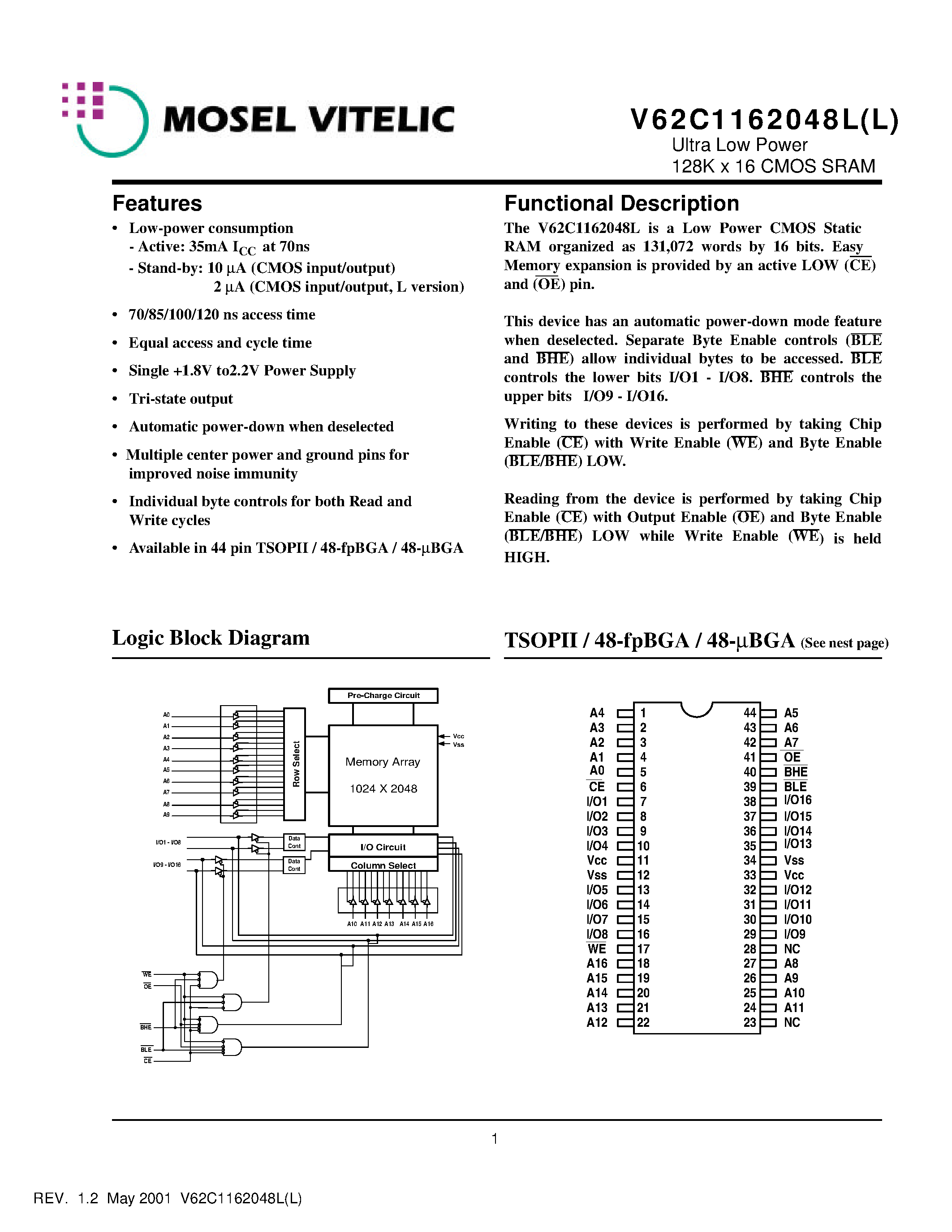 Datasheet V62C1162048L(L)-100B - Ultra Low Power 128K x 16 CMOS SRAM page 1