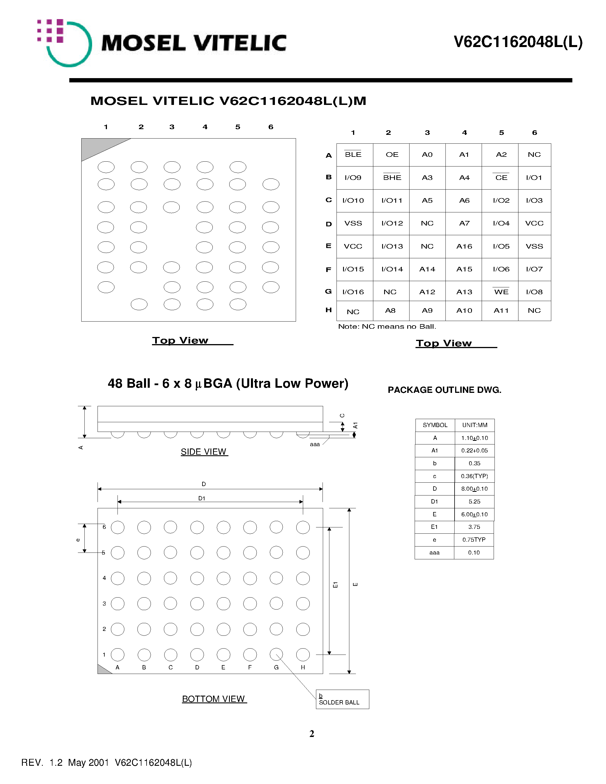 Datasheet V62C1162048L(L)-100B - Ultra Low Power 128K x 16 CMOS SRAM page 2