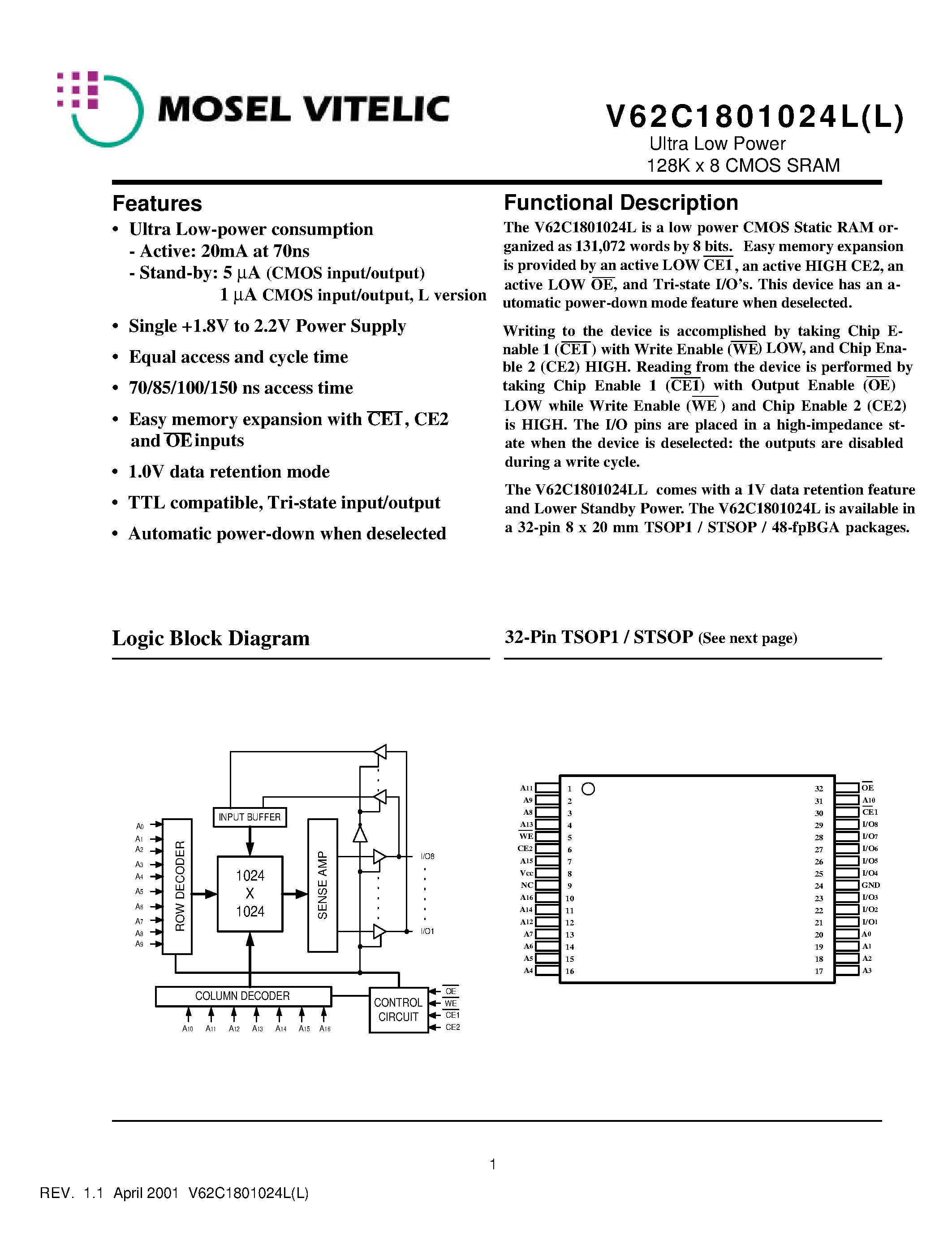 Даташит V62C1801024L - Ultra Low Power 128K x 8 CMOS SRAM страница 1