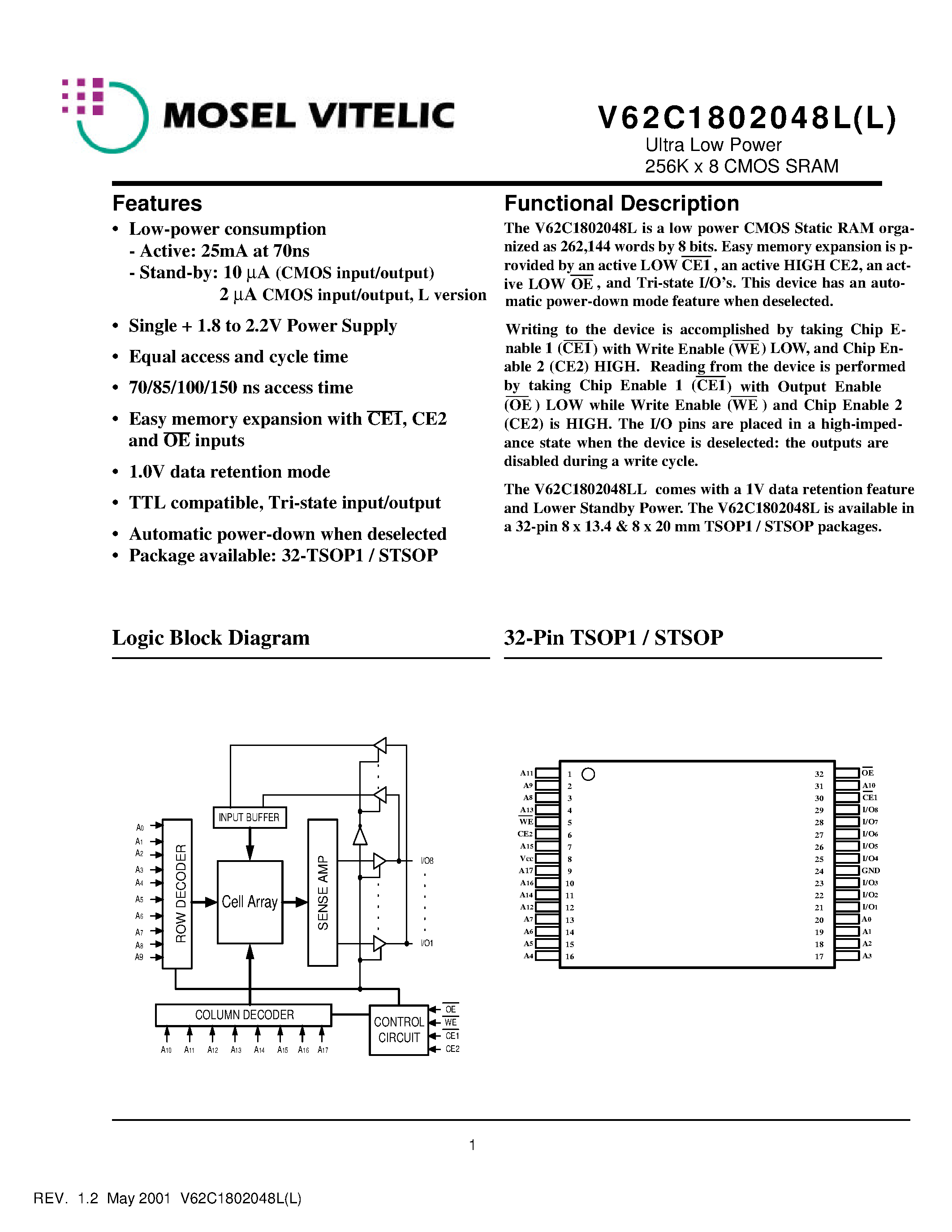 Даташит V62C1802048L - Ultra Low Power 256K x 8 CMOS SRAM страница 1