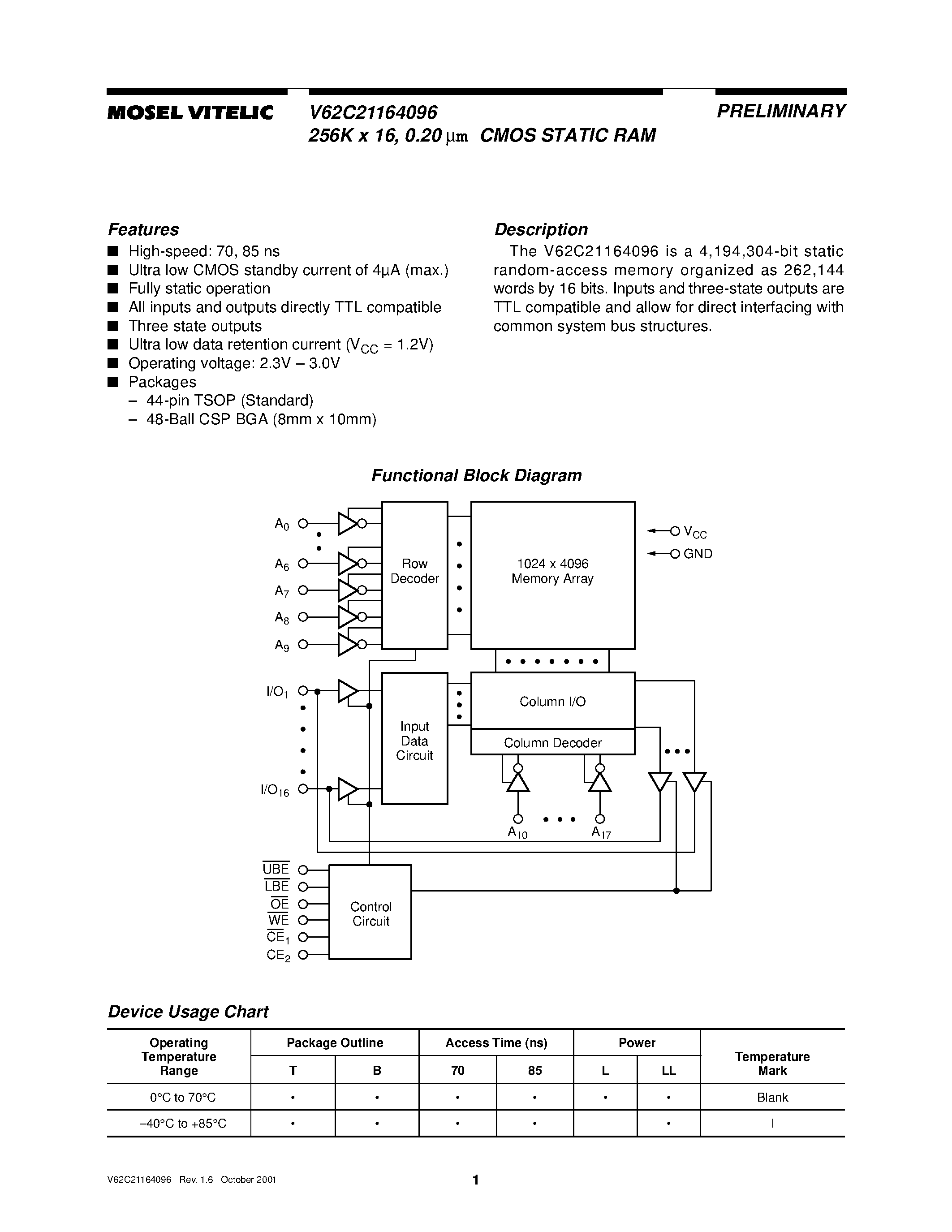 Даташит V62C21164096 - 256K x 16/ 0.20 um CMOS STATIC RAM страница 1