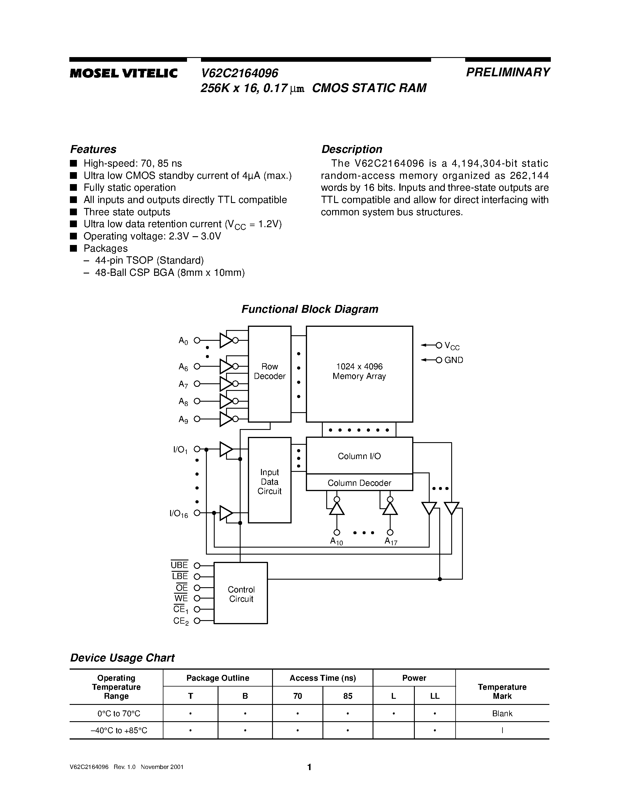 Даташит V62C2164096 - 256K x 16/ 0.17 um CMOS STATIC RAM страница 1