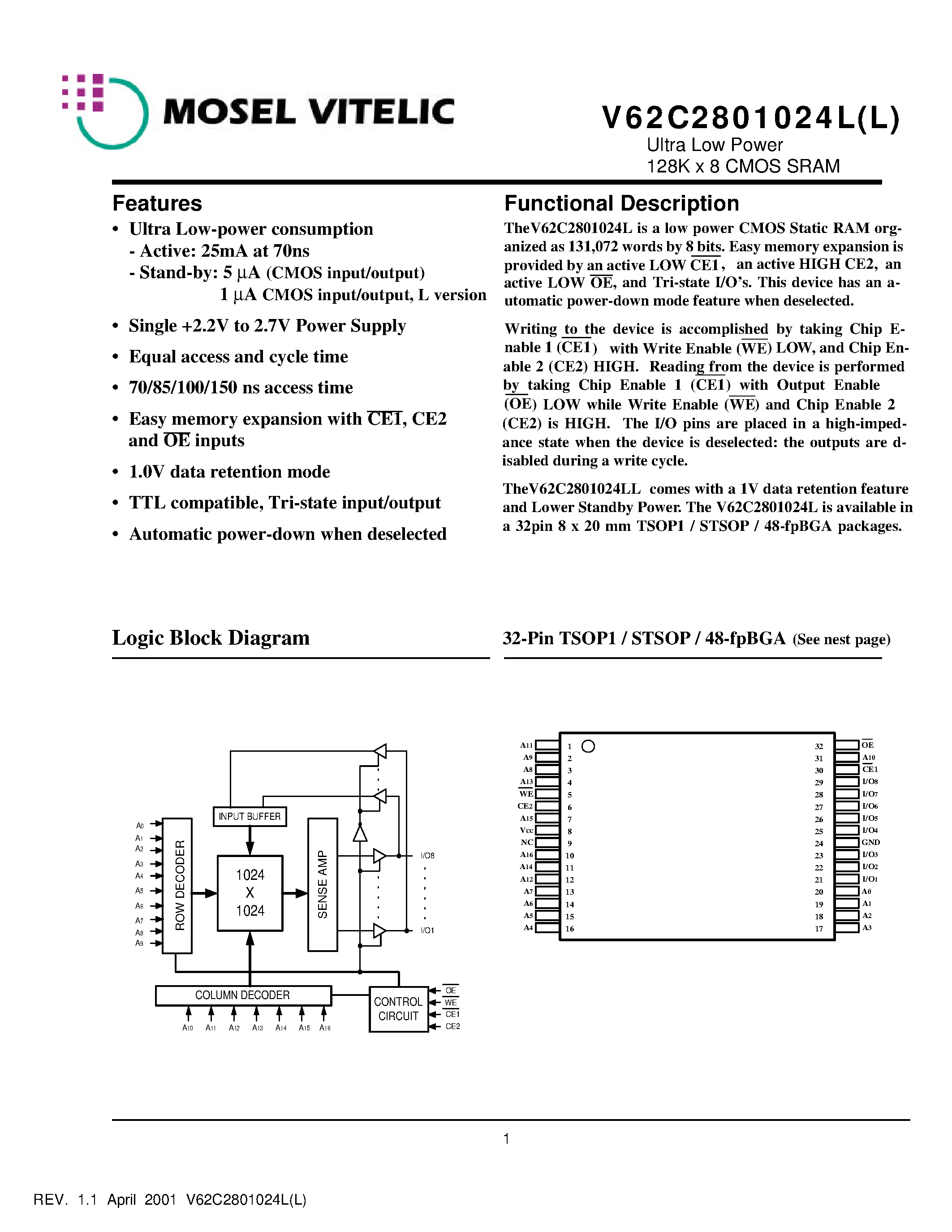 Datasheet V62C2801024L(L)-100B - Ultra Low Power 128K x 8 CMOS SRAM page 1