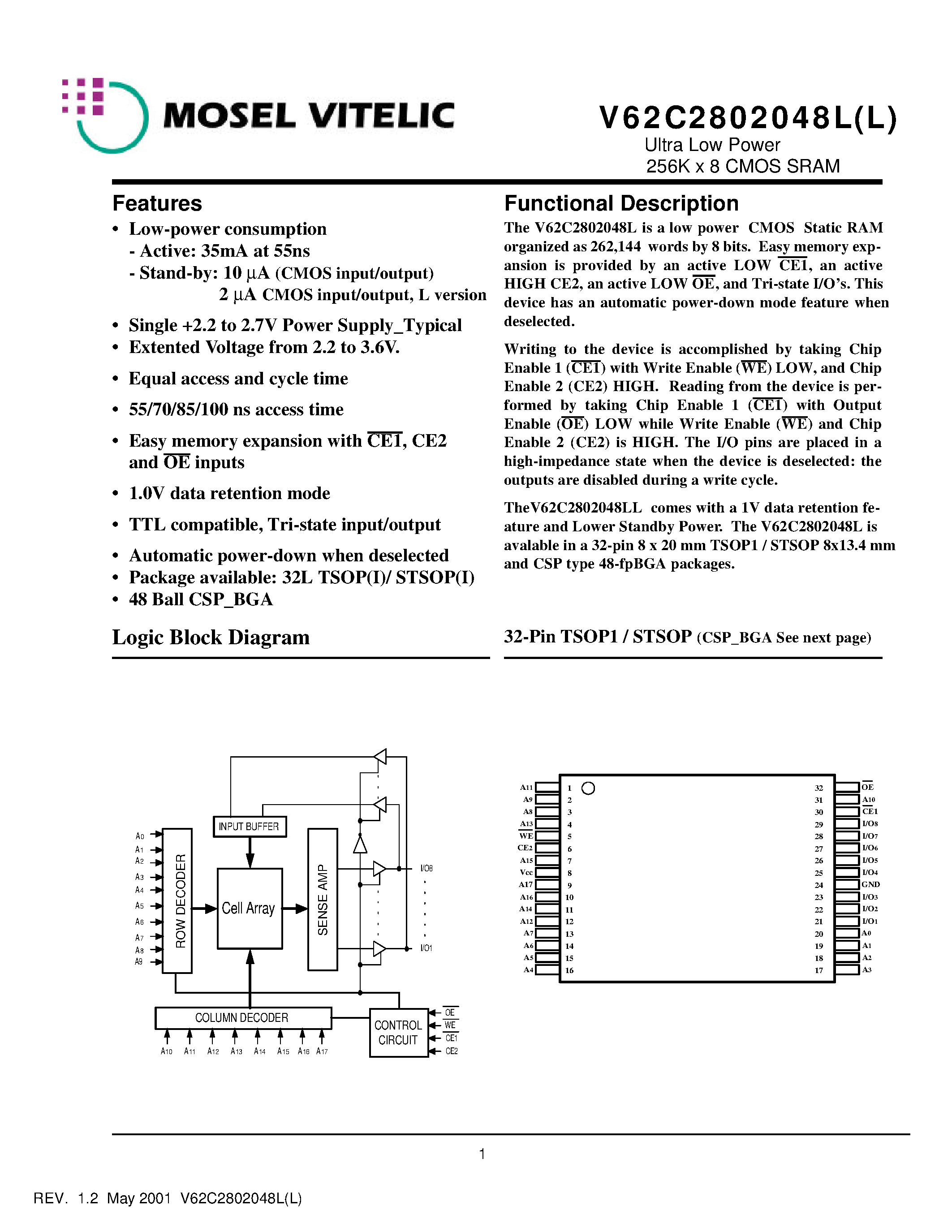 Datasheet V62C2802048L(L)-100B - Ultra Low Power 256K x 8 CMOS SRAM page 1