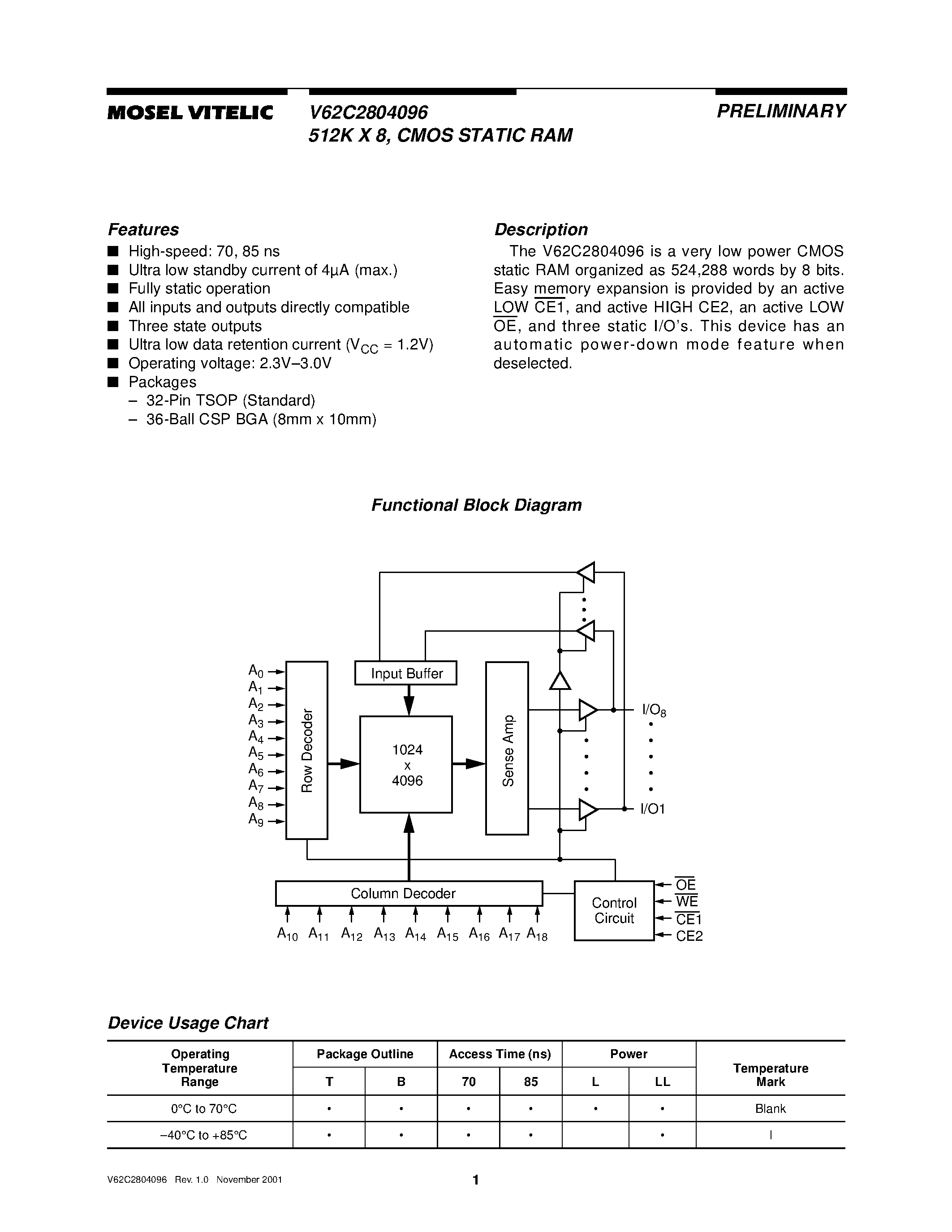 Даташит V62C2804096 - 512K X 8/ CMOS STATIC RAM страница 1