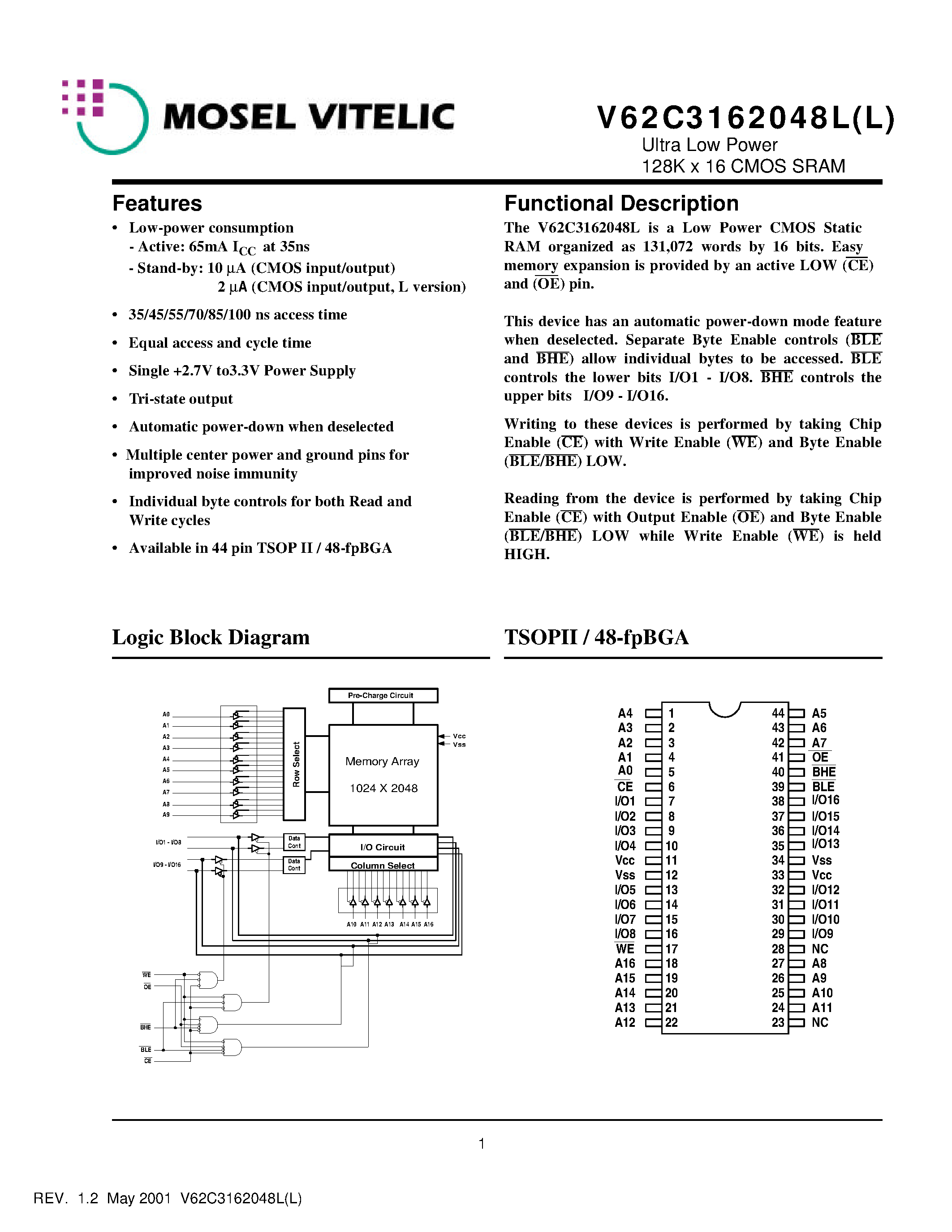 Datasheet V62C3162048L(L)-35B - Ultra Low Power 128K x 16 CMOS SRAM page 1