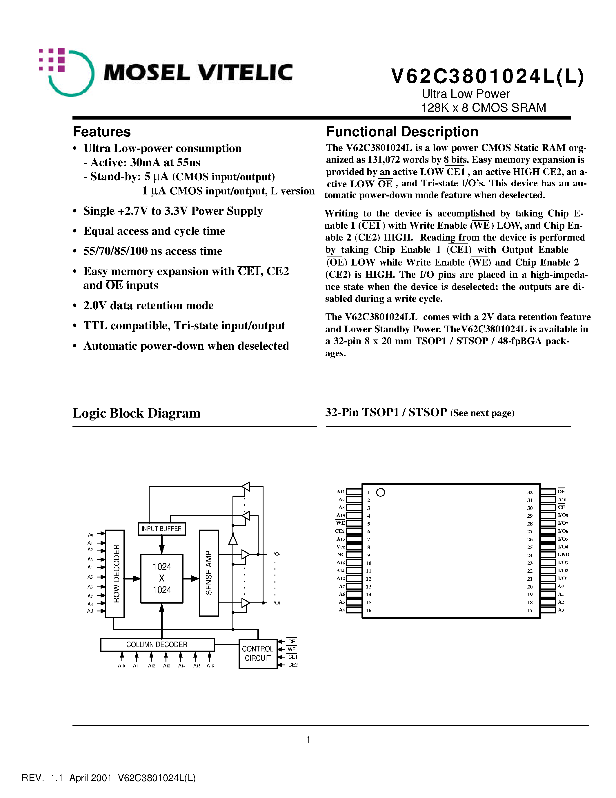 Datasheet V62C3801024L(L)-100B - Ultra Low Power 128K x 8 CMOS SRAM page 1