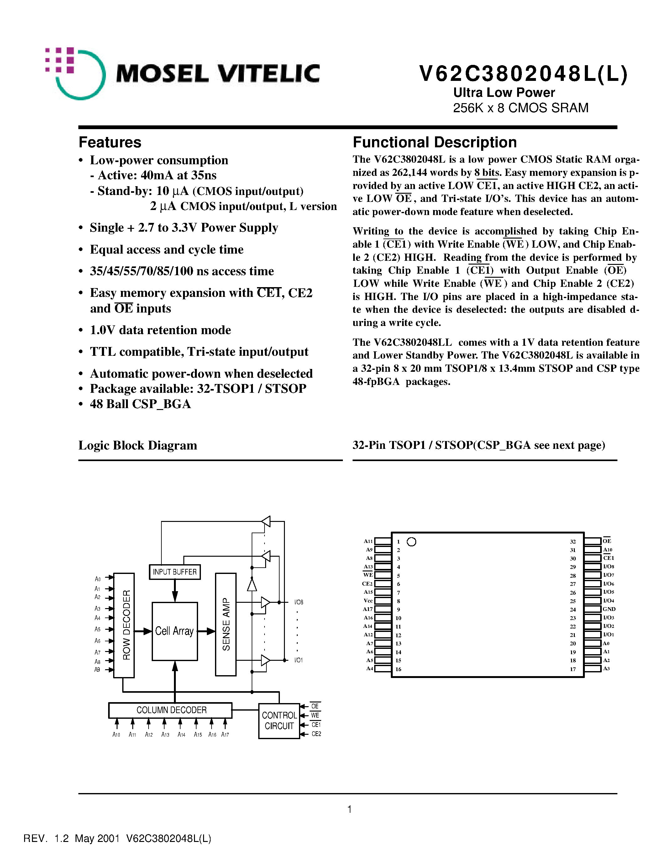 Datasheet V62C3802048L(L)-100B - Ultra Low Power 256K x 8 CMOS SRAM page 1