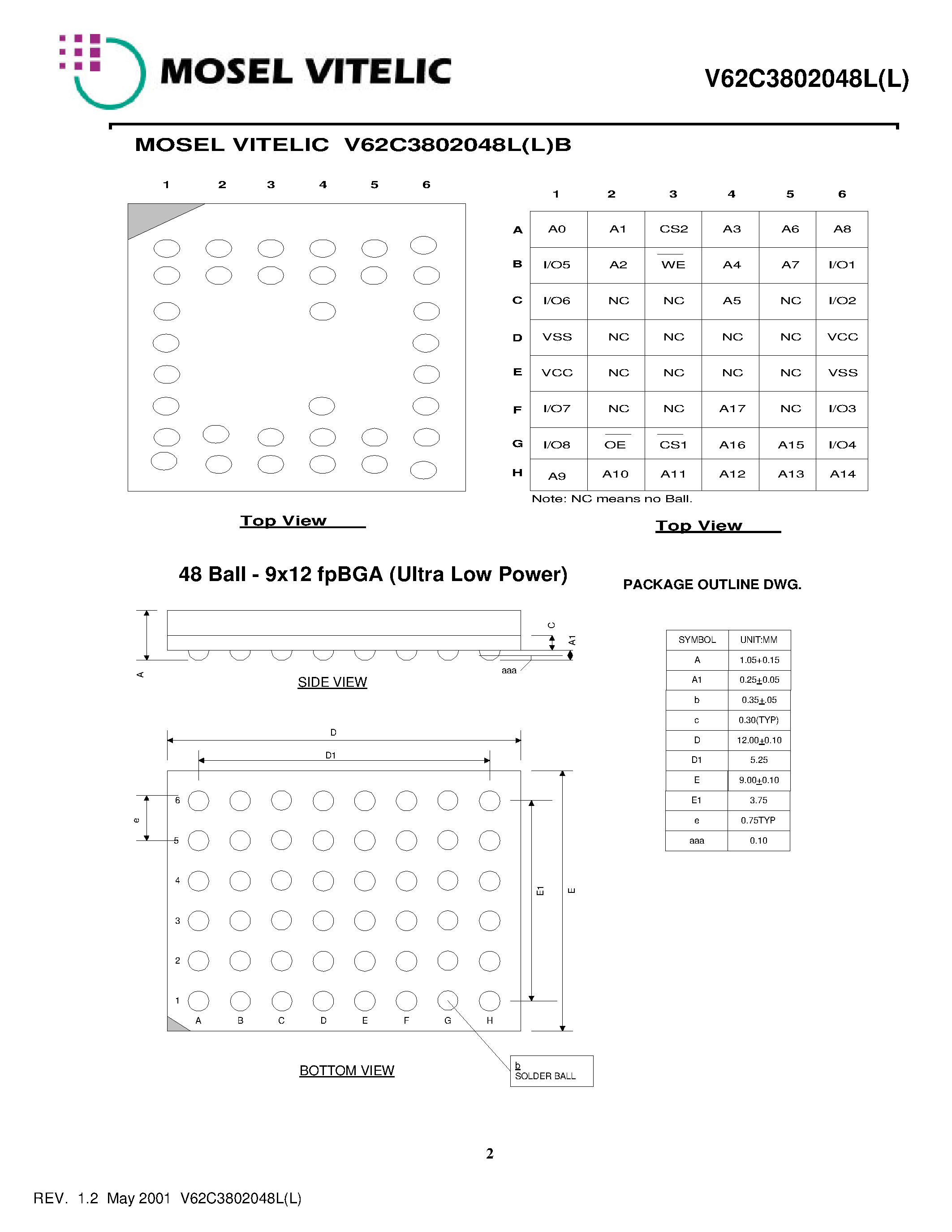 Datasheet V62C3802048L(L)-100B - Ultra Low Power 256K x 8 CMOS SRAM page 2