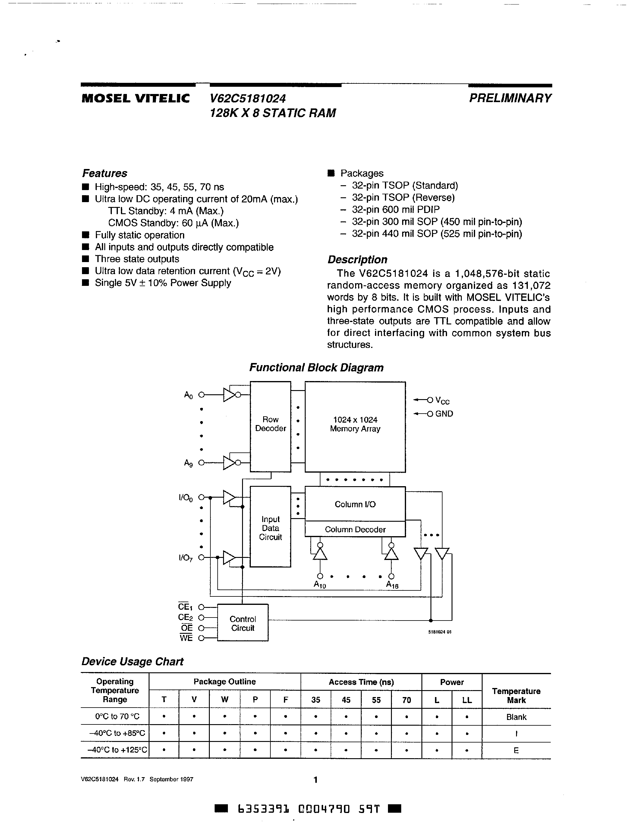 Даташит V62C5181024-1 - 128K X 8 STATIC RAM страница 1