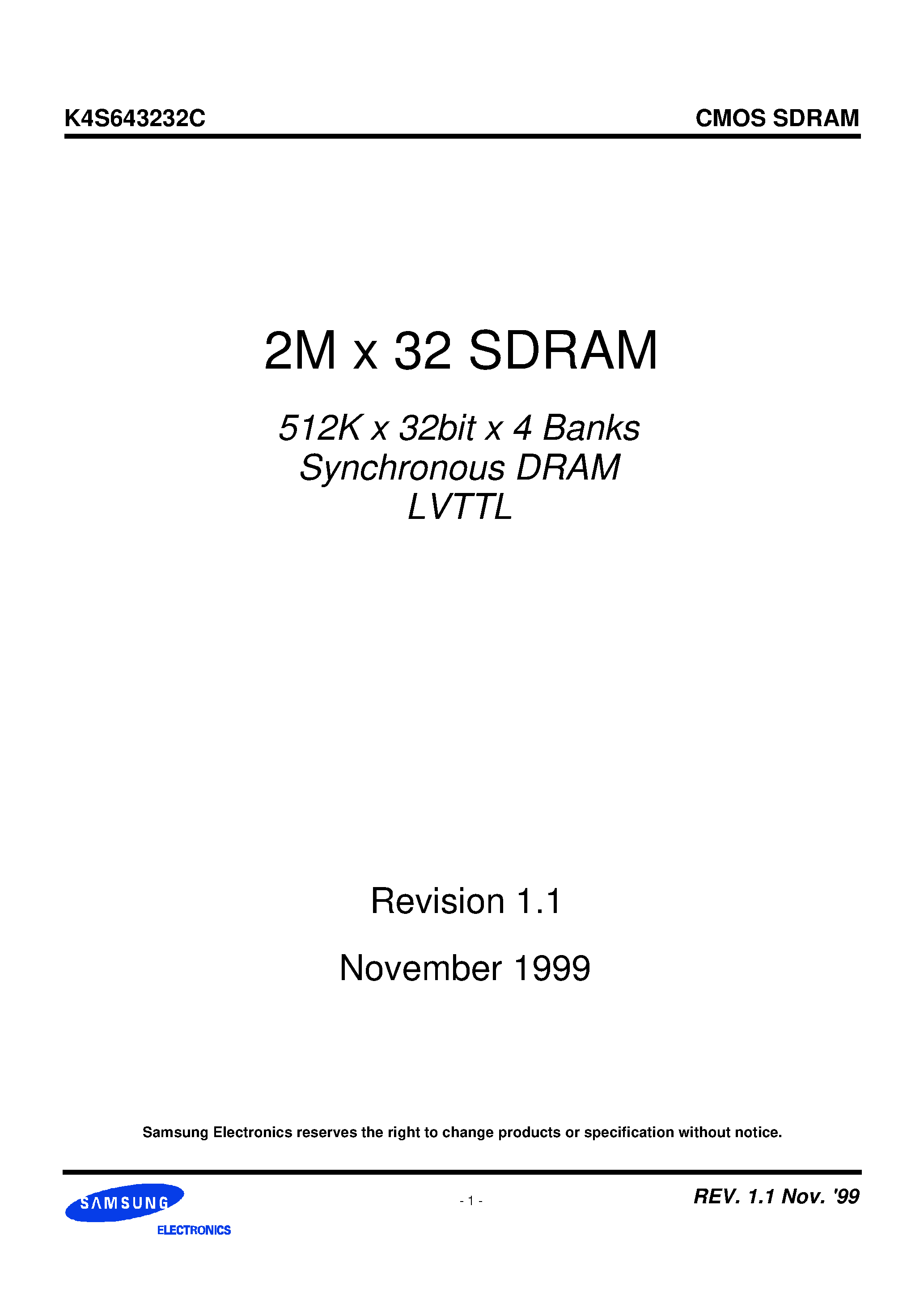 Datasheet V62C5181024LL-70P - 2M x 32 SDRAM 512K x 32bit x 4 Banks Synchronous DRAM LVTTL page 1