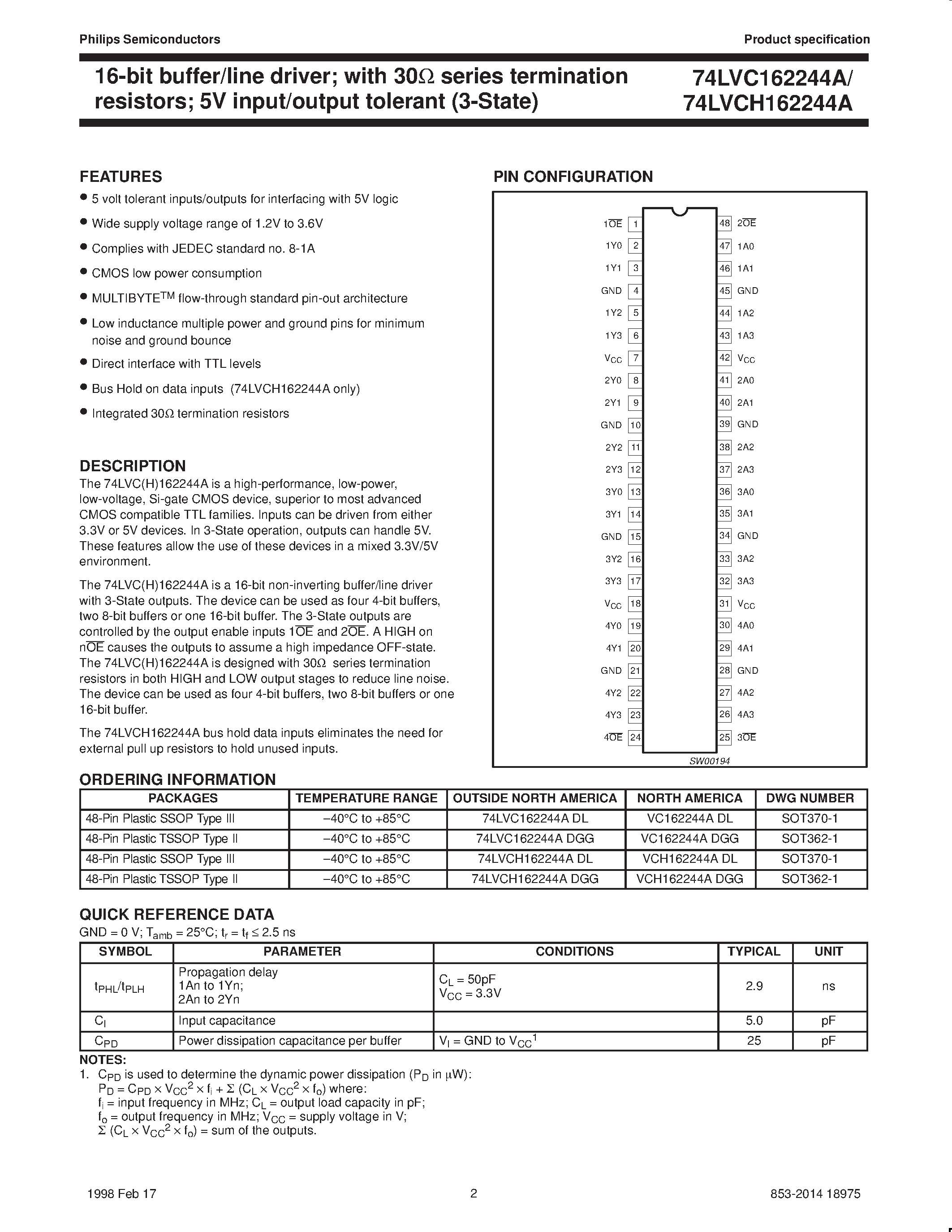 Datasheet VC162244ADL - 16-bit buffer/line driver; with 30ohm series termination resistors/ 5V input/output tolerant 3-State page 2