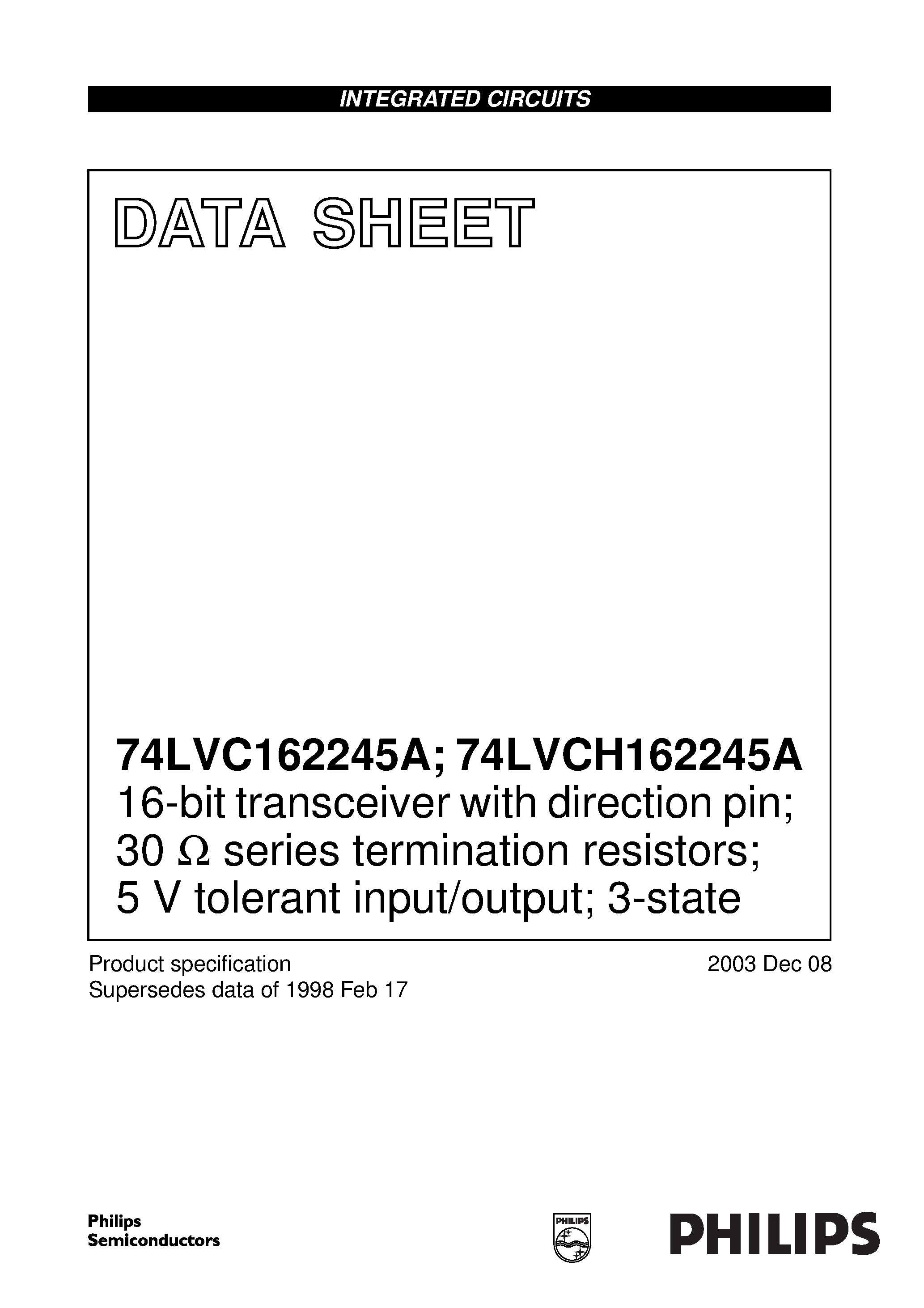 Datasheet VC162245ADGG - 16-bit bus transceiver with direction pin; 30ohm series termination resistors; 5V Input/Outputs tolerant 3-State page 1