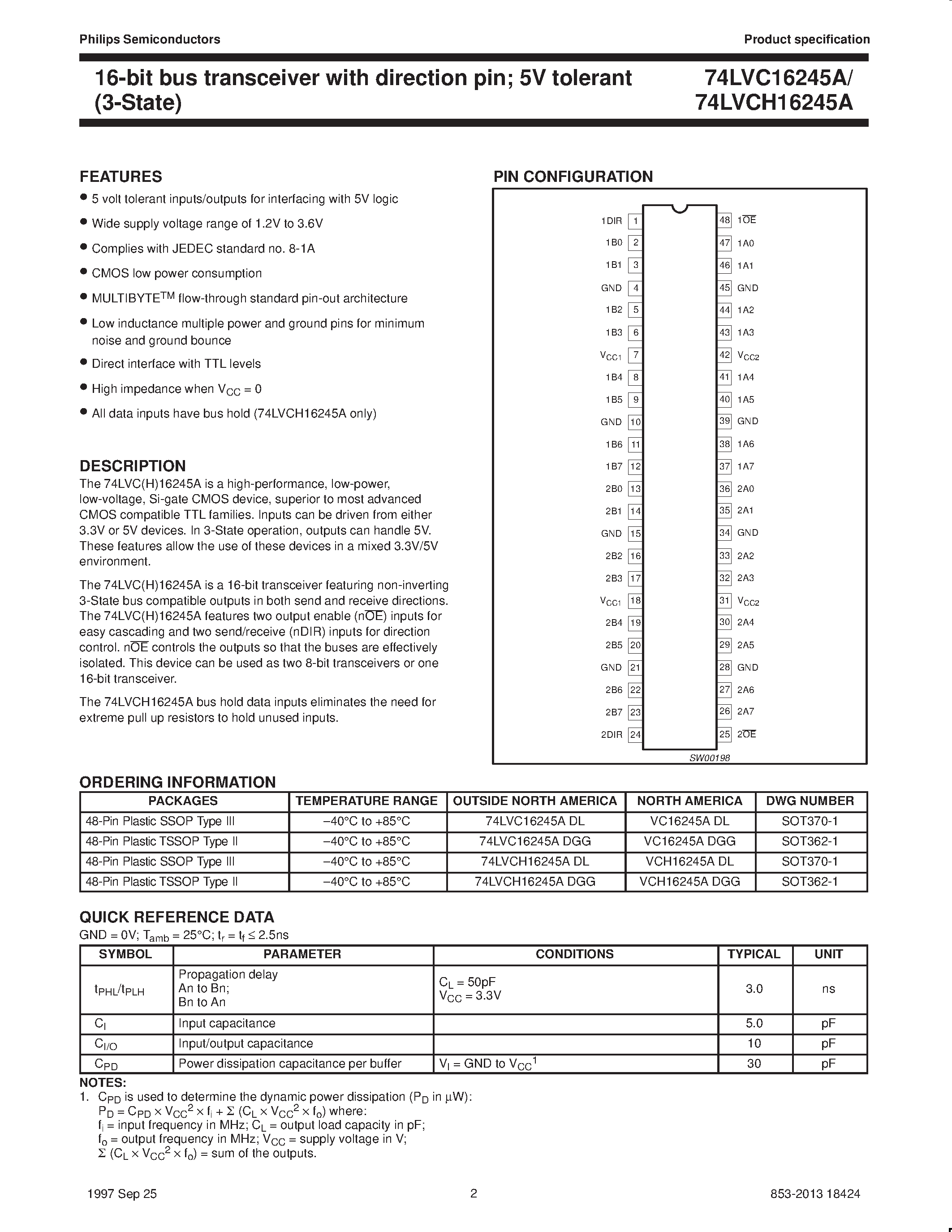 Datasheet VC16245ADGG - 16-bit bus transceiver with direction pin; 5V tolerant 3-State page 2