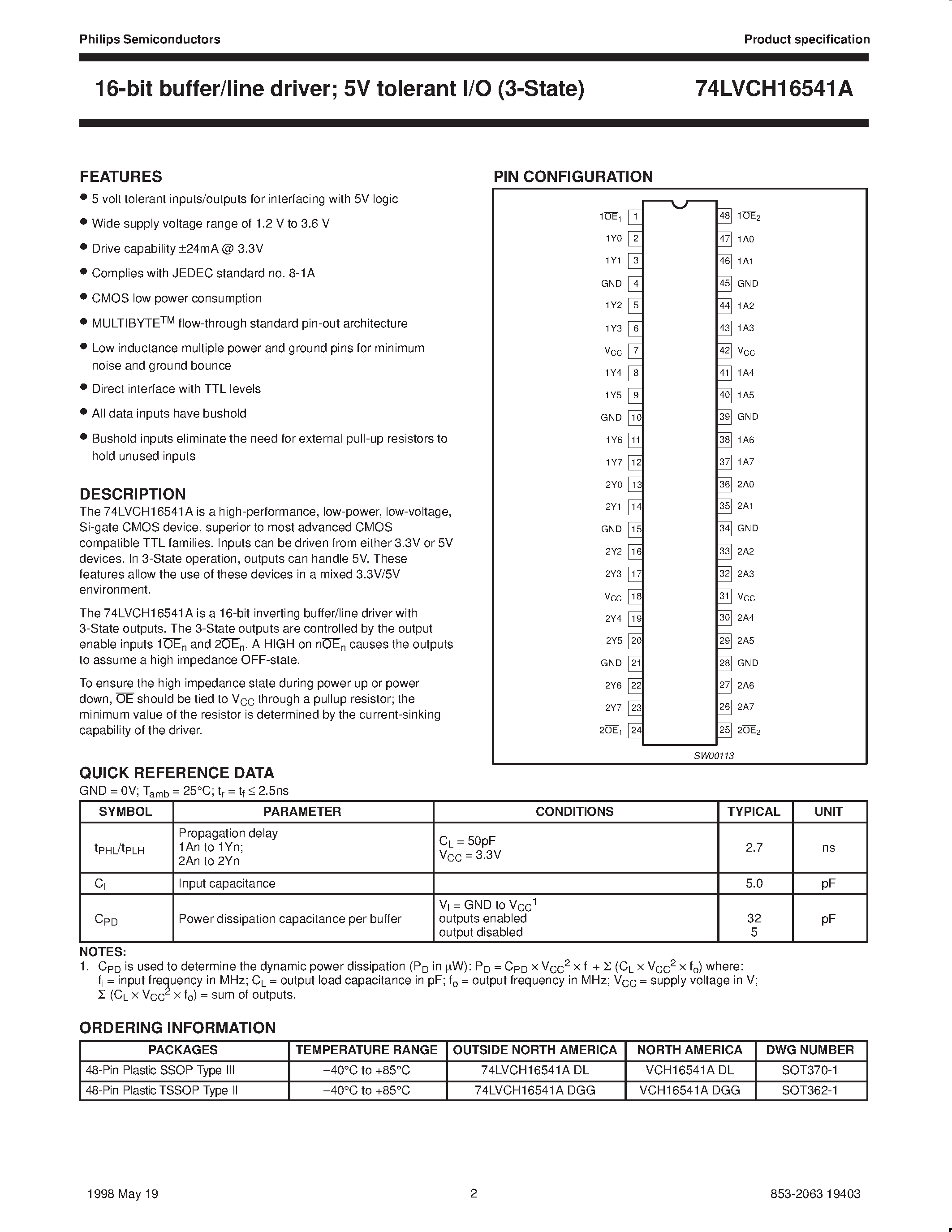 Datasheet VCH16541ADGG - 16-bit buffer/line driver 3-State page 2