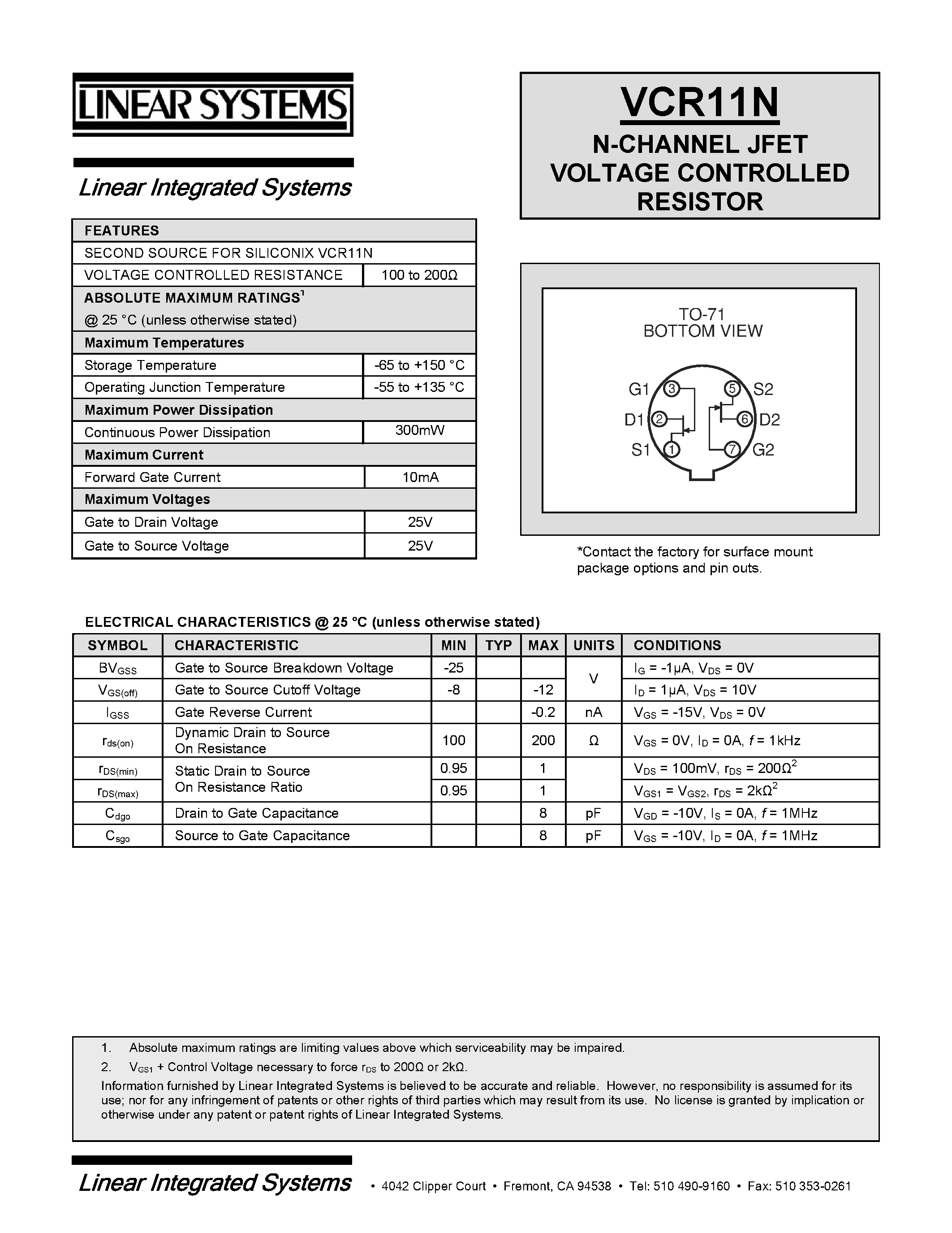 Даташит VCR11N - N-CHANNEL JFET VOLTAGE CONTROLLED RESISTOR страница 1