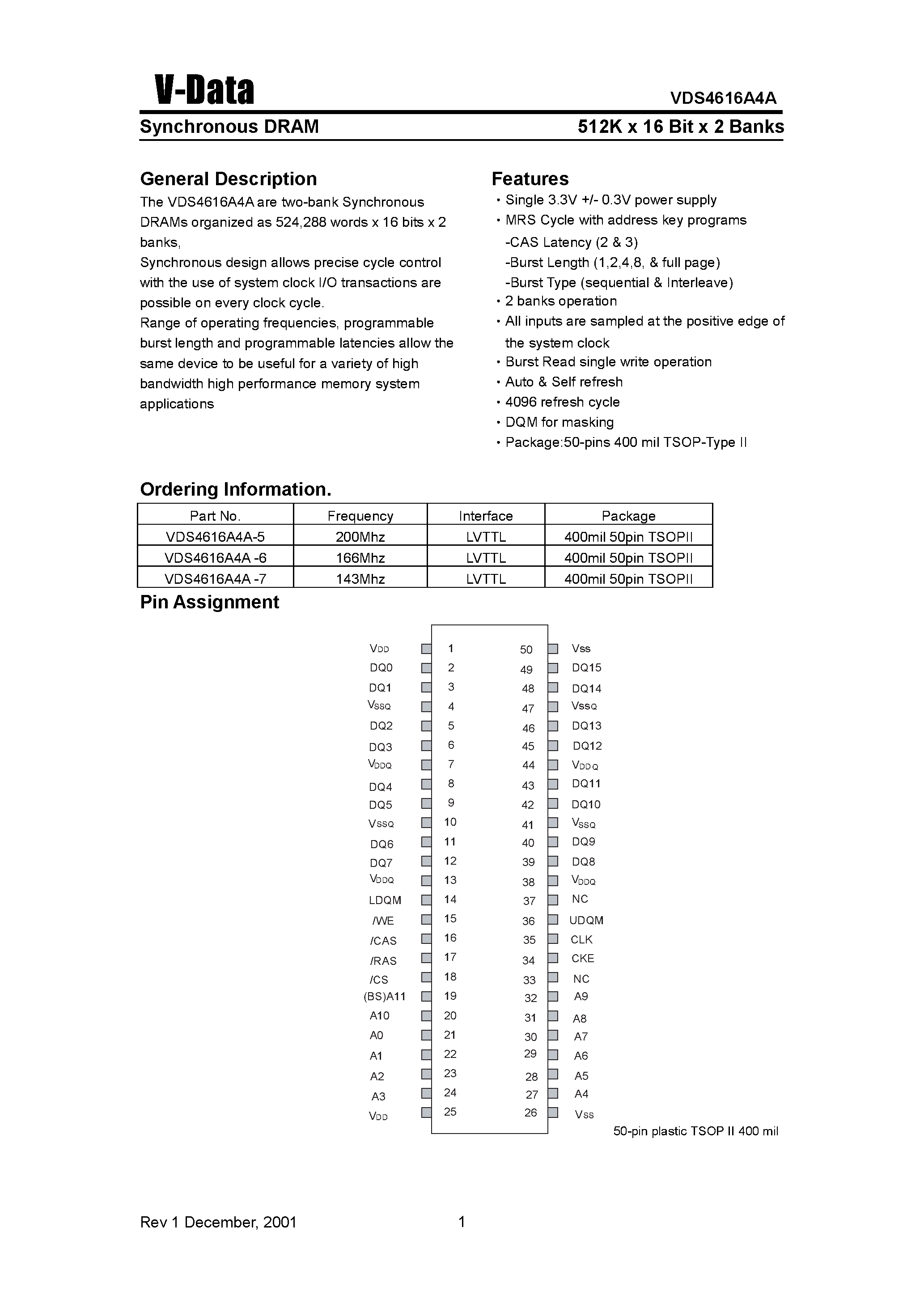 Даташит VDS4616A4A - Synchronous DRAM(512K X 16 Bit X 2 Banks) страница 1