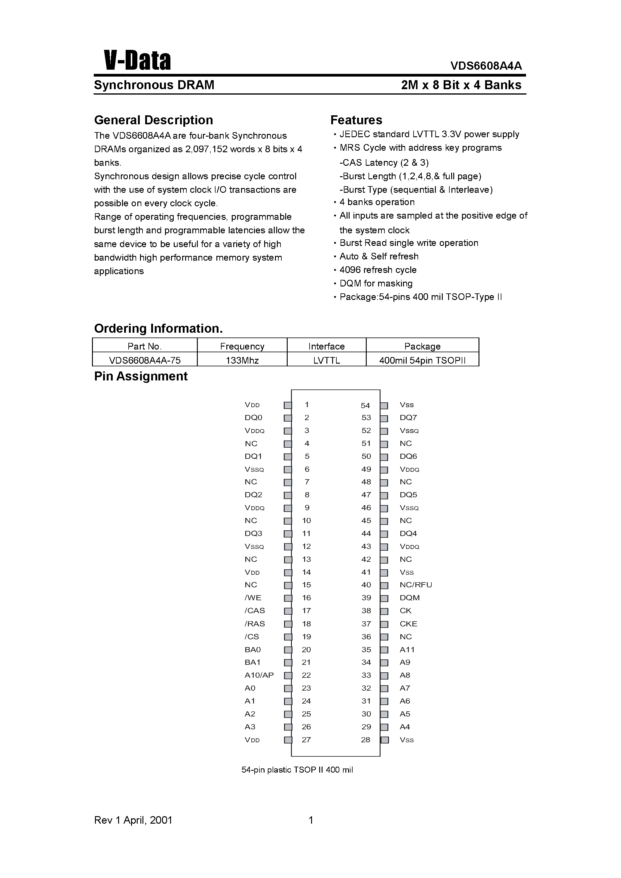 Datasheet VDS6608A4A - Synchronous DRAM(2M X 8 Bit X 4 Banks) page 1