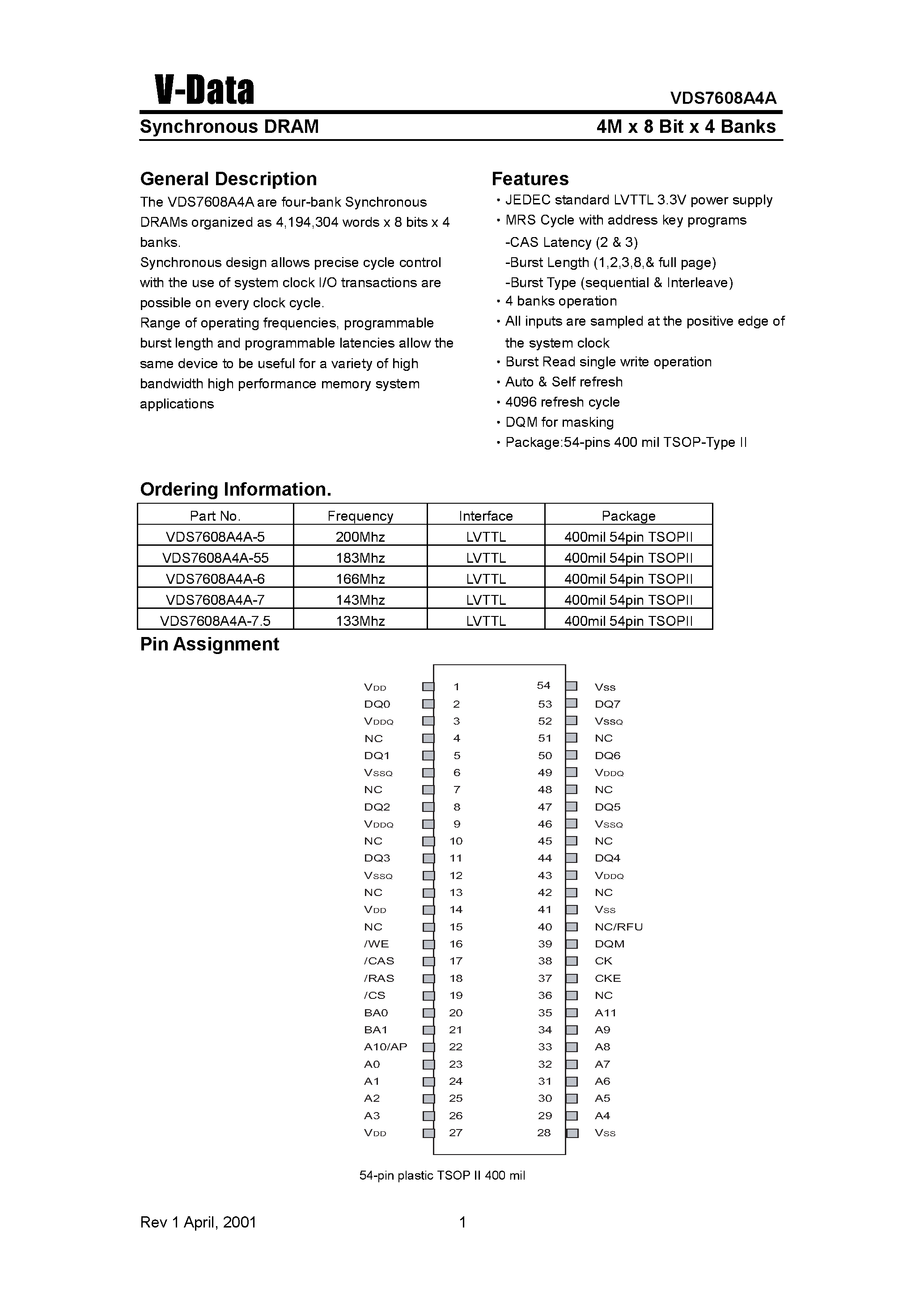 Datasheet VDS7608A4A - Synchronous DRAM(4M X 8 Bit X 4 Banks) page 1