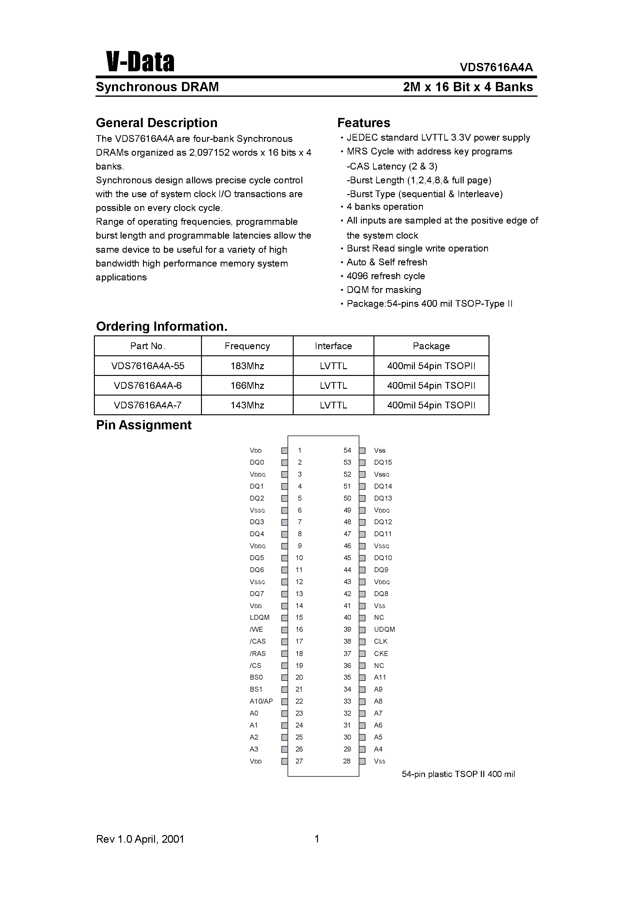 Datasheet VDS7616A4A - Synchronous DRAM(2M X 16 Bit X 4 Banks) page 1