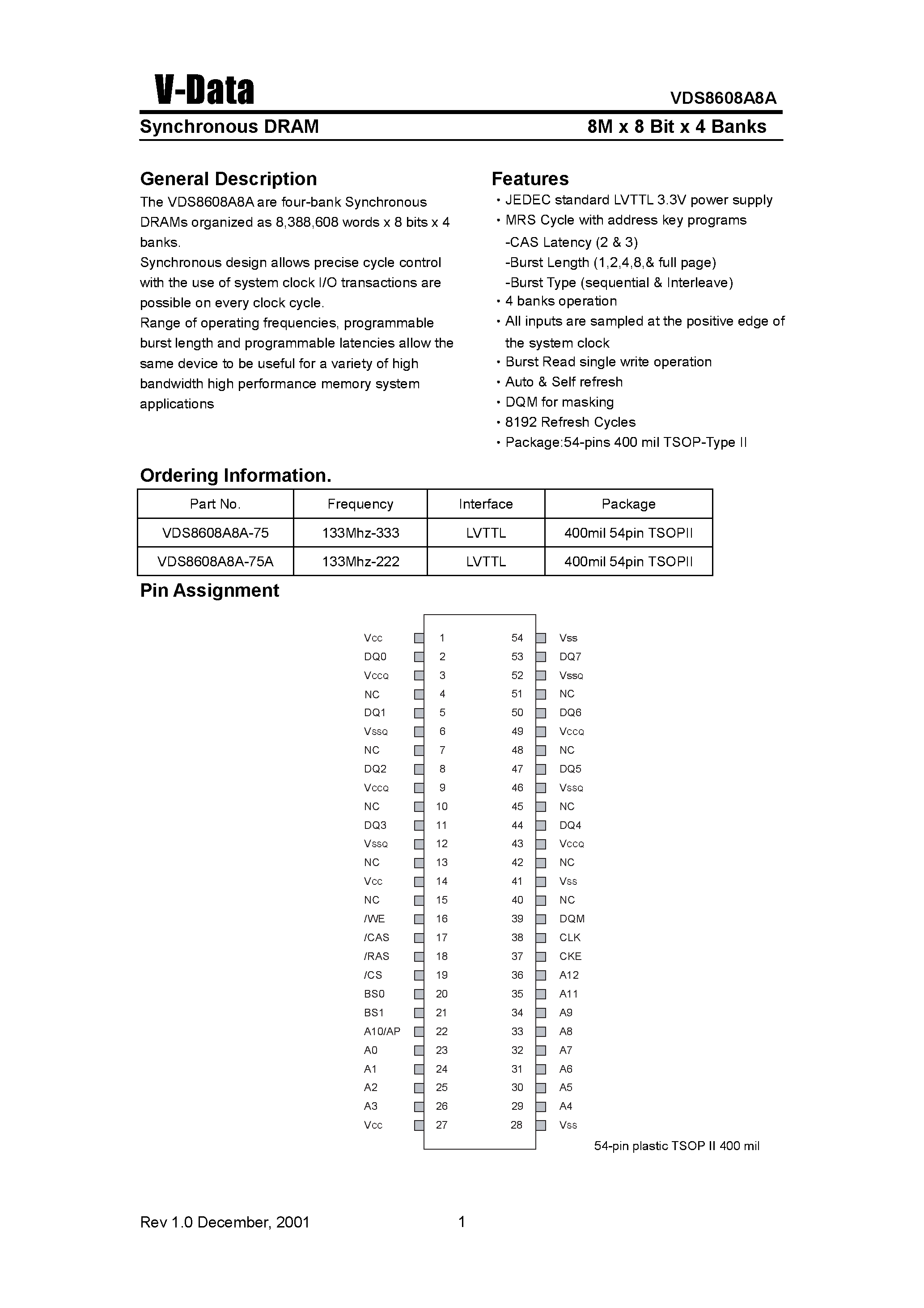 Datasheet VDS8608A8A - Synchronous DRAM(8M X 8 Bit X 4 Banks) page 1