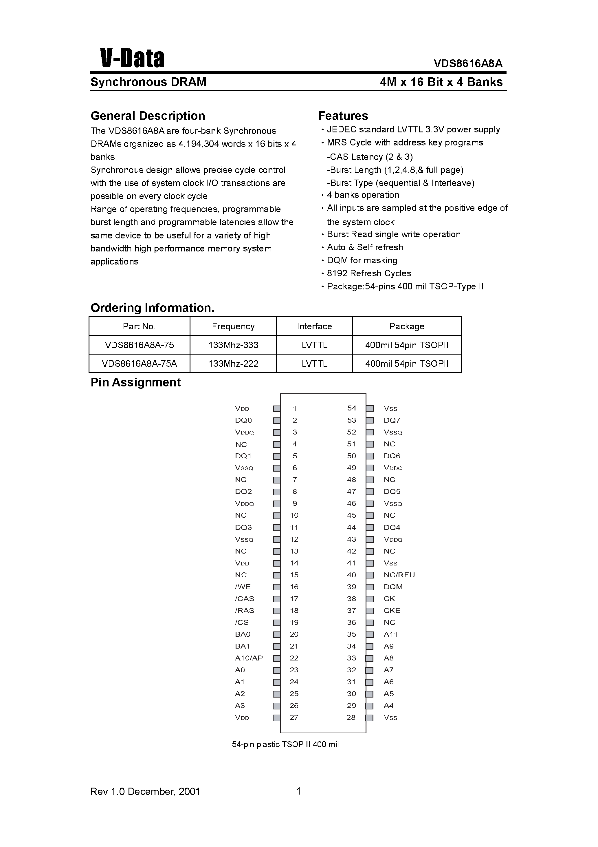 Datasheet VDS8616A8A - Synchronous DRAM(4M X 16 Bit X 4 Banks) page 1