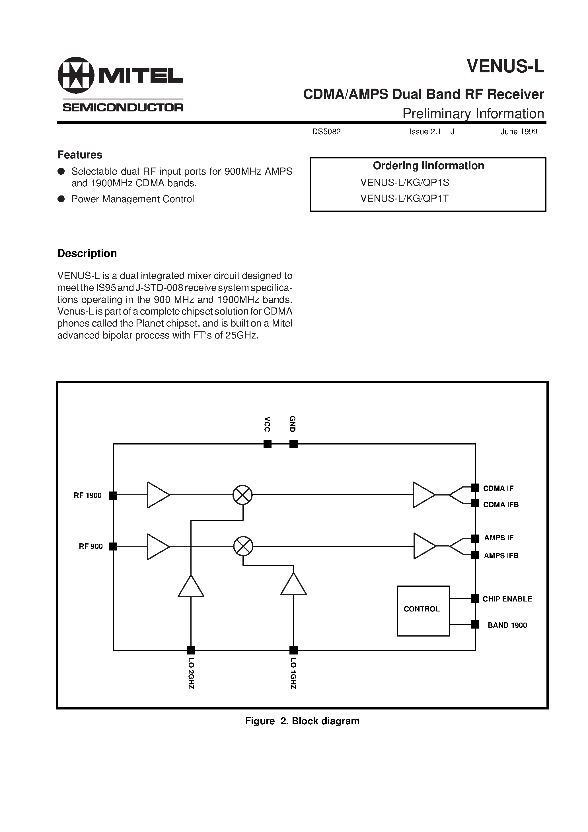 Datasheet VENUS-L - CDMA/AMPS Dual Band RF Receiver page 1