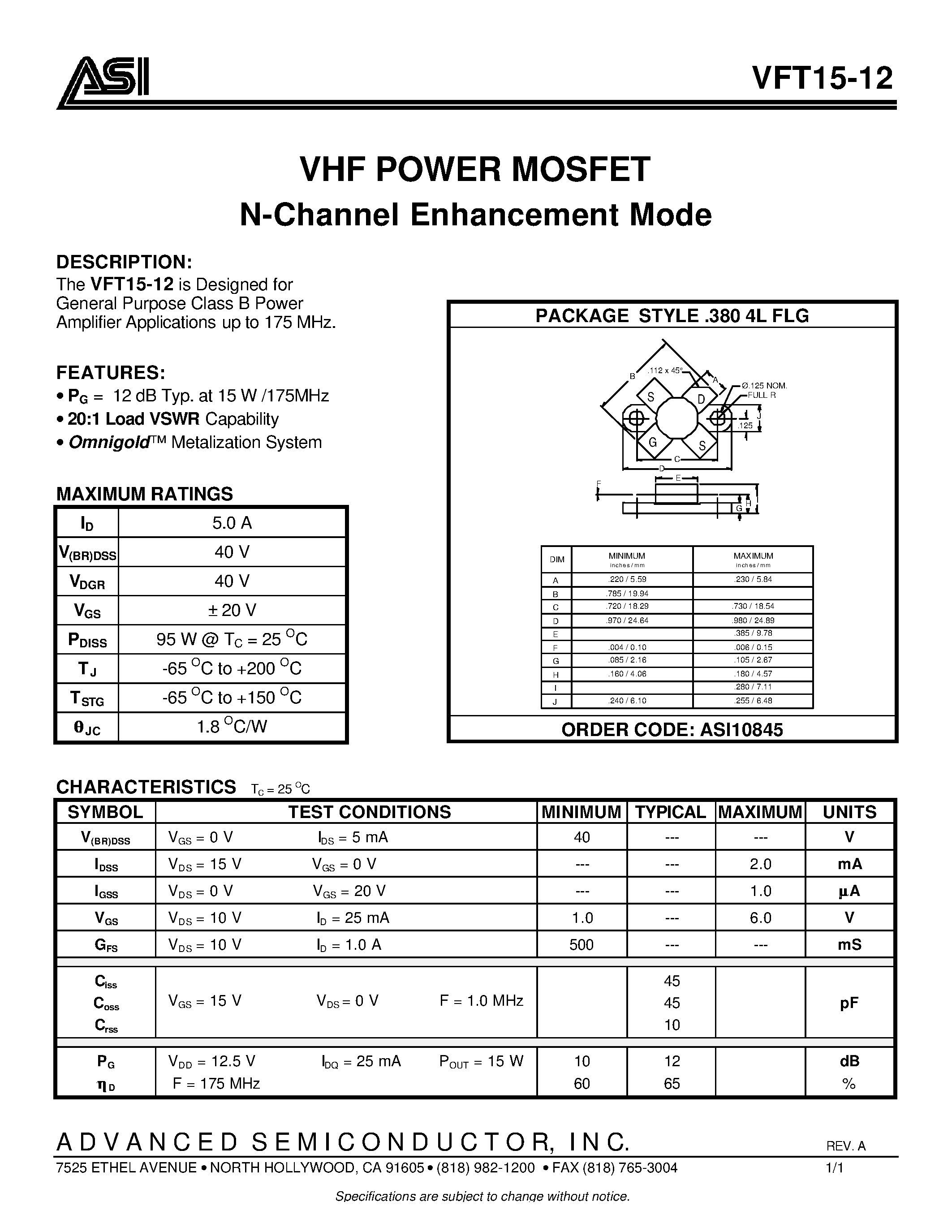 Даташит VFT15-12 - VHF POWER MOSFET N-Channel Enhancement Mode страница 1